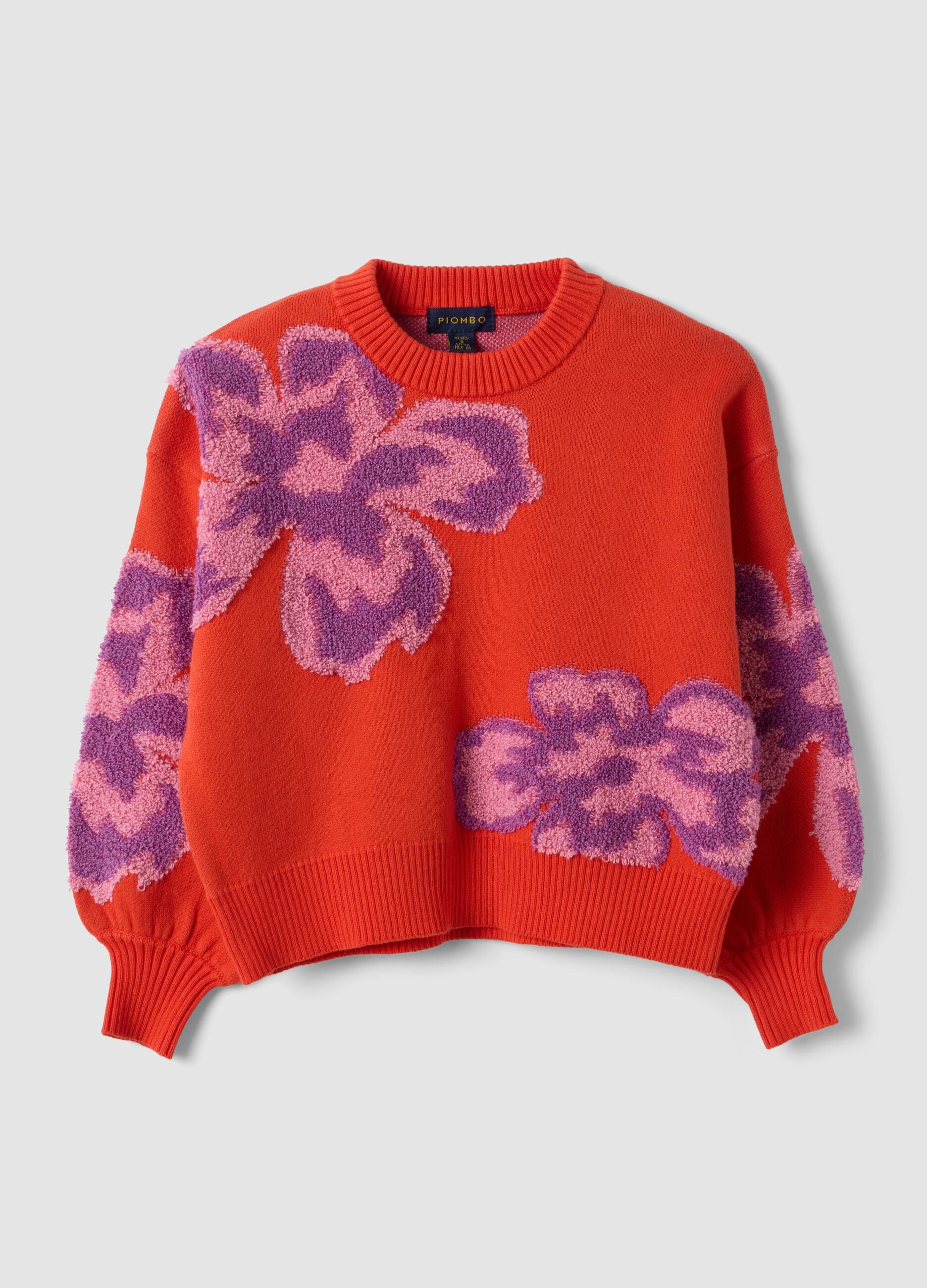 Red pure cotton crew-neck jumper with floral pattern for girls