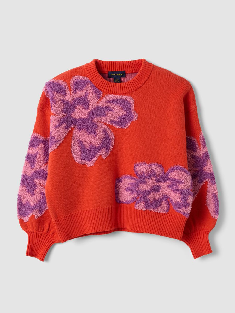 Red pure cotton crew-neck jumper with floral pattern for girls_3