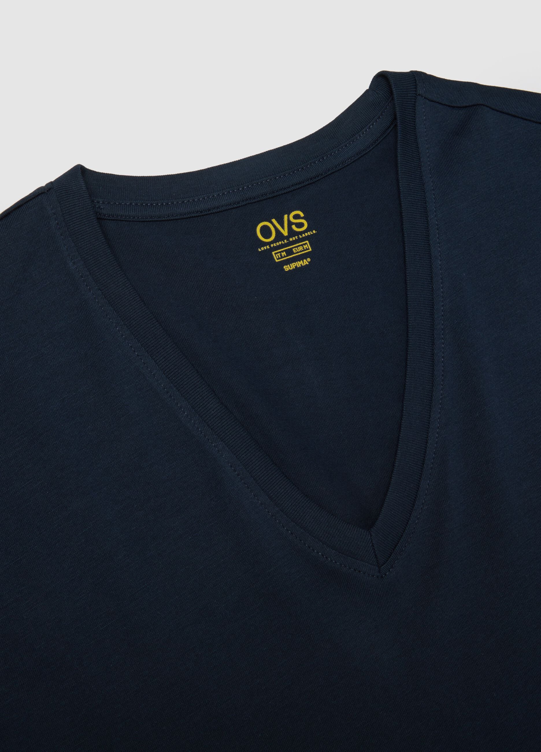 Blue pure cotton t-shirt regular fit with V-neck