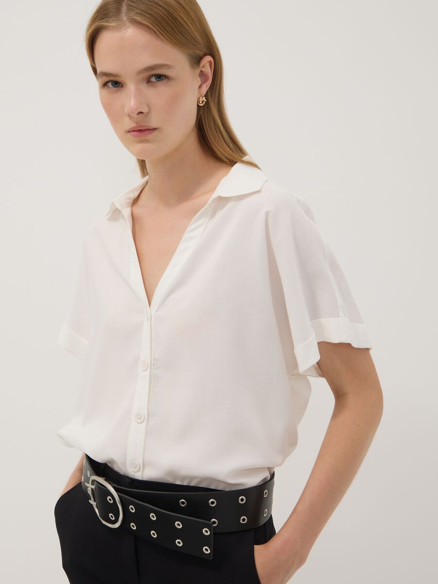 White pure viscose short-sleeve oversized shirt_0