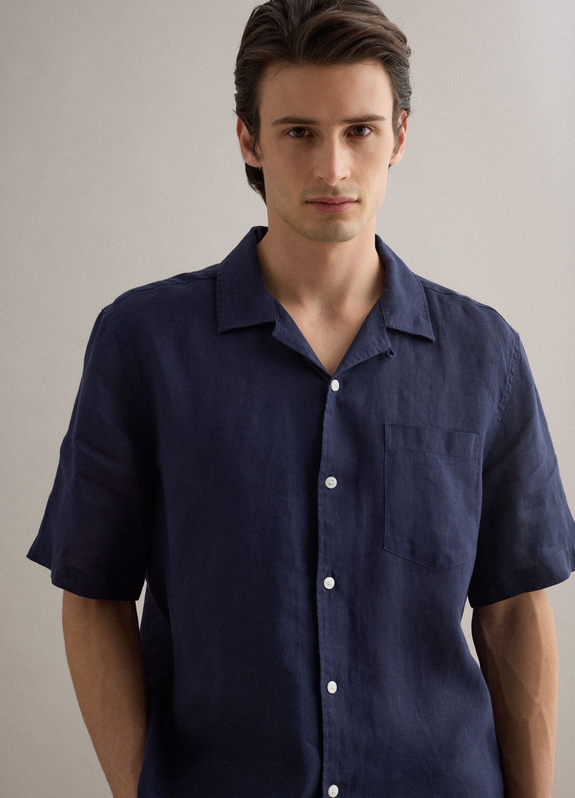 Blue short sleeve pure linen regular fit shirt with chest pocket