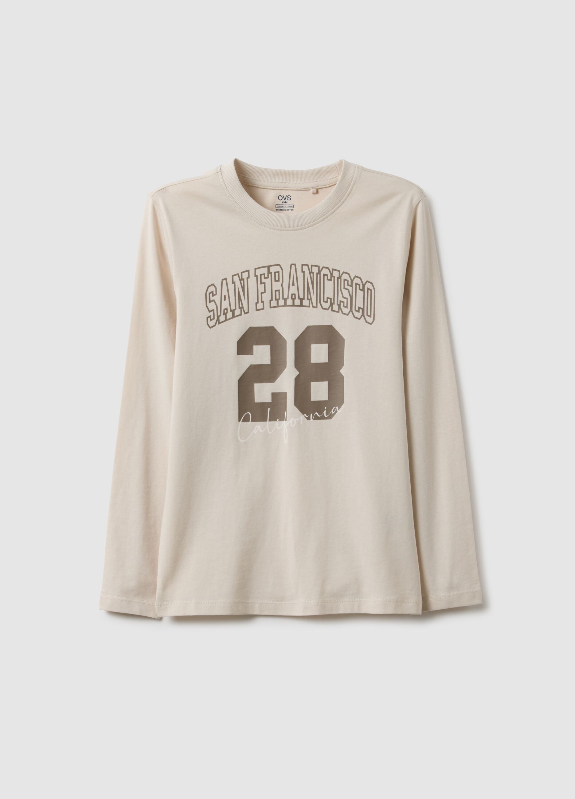 Maglietta beige da ragazzo in puro cotone regular fit con stampa