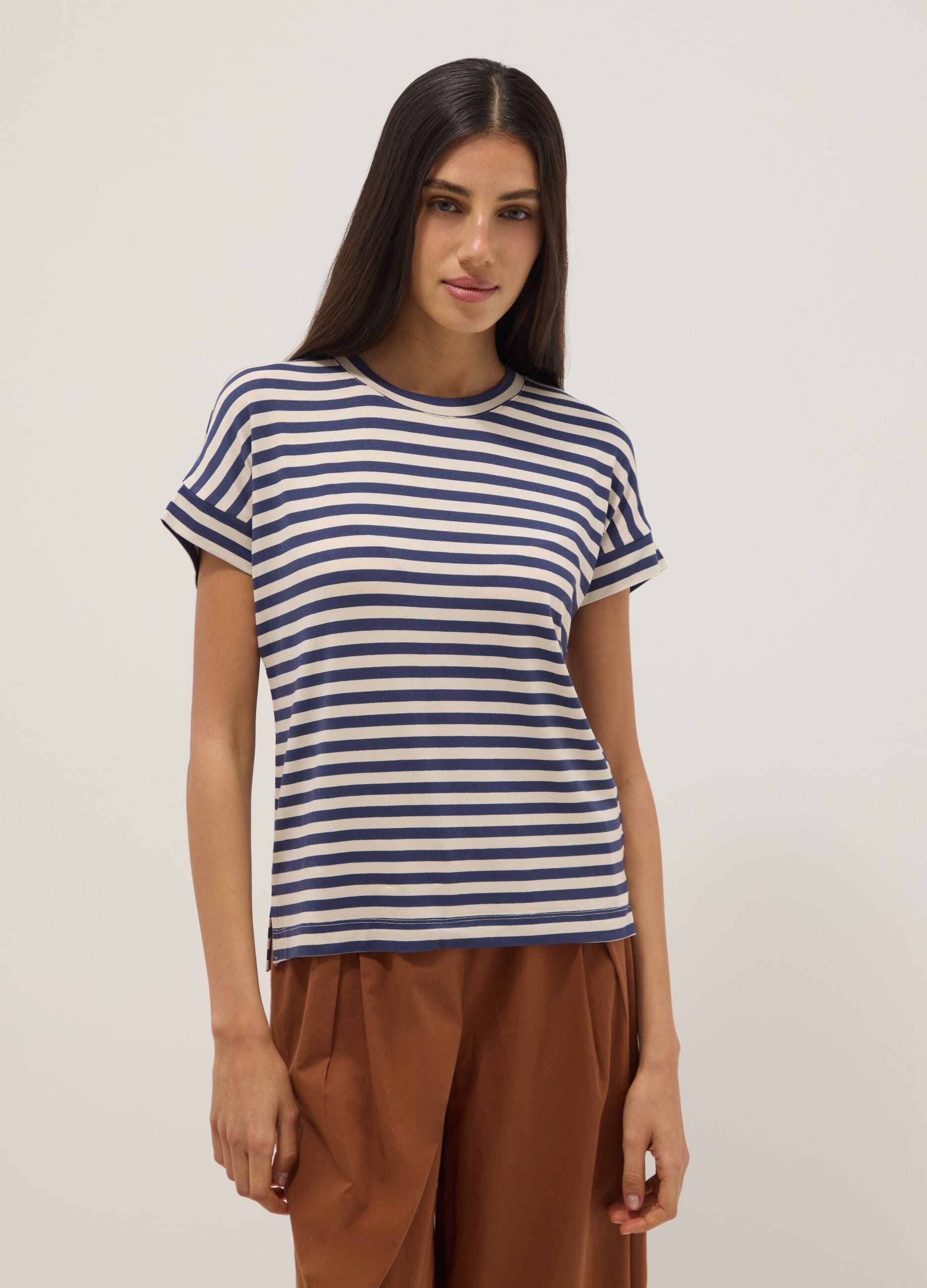 Regular-fit multicolour striped stretch viscose T-shirt
