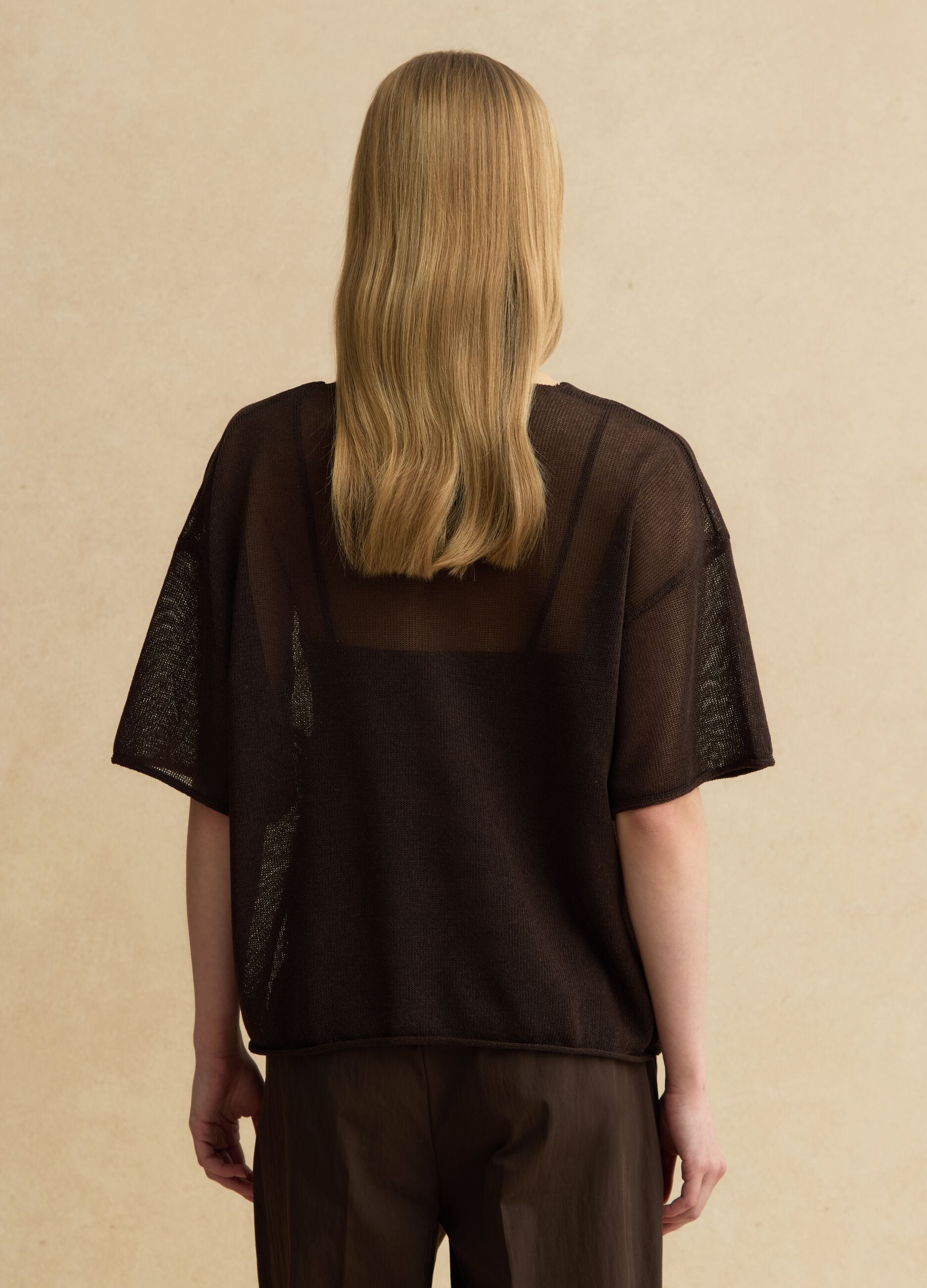 Brown oversized fit V-neck lyocell and linen blend sweater