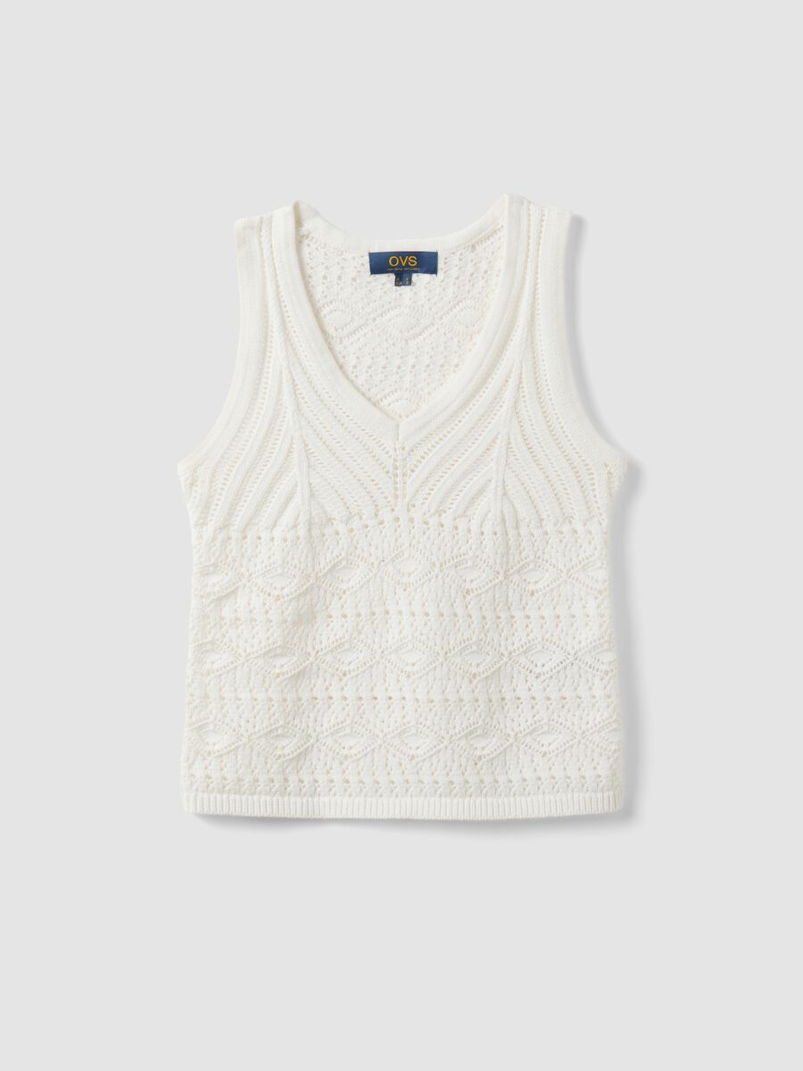 White pure cotton regular-fit tank top with openwork knit pattern_4