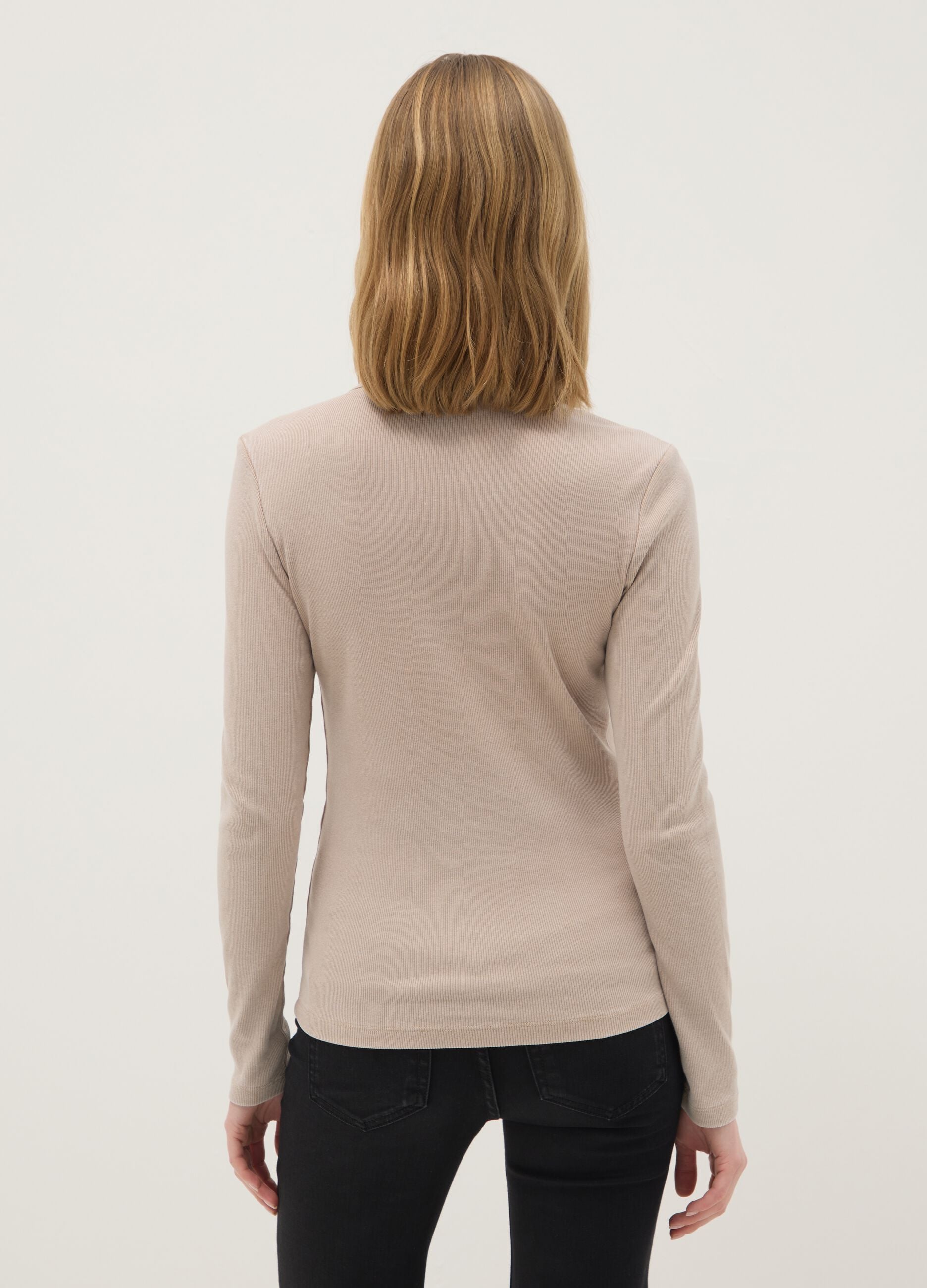Beige regular fit stretchy cotton long sleeve top