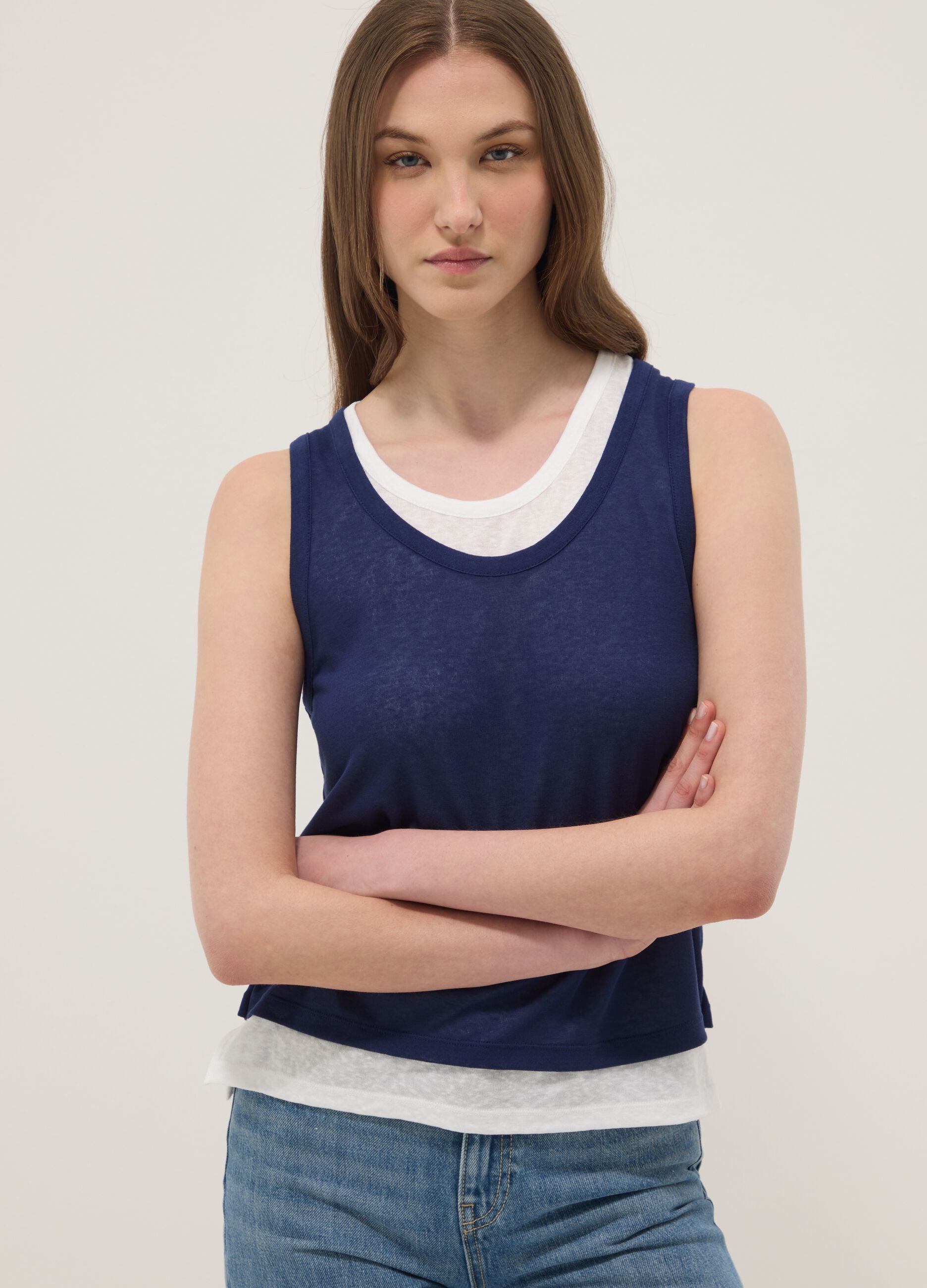 Blue viscose-blend regular-fit tank top