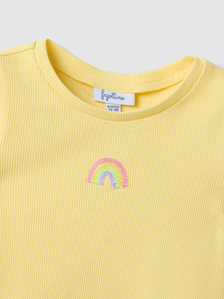 Yellow Stretch Cotton T-Shirt for Girls with Rainbow_2