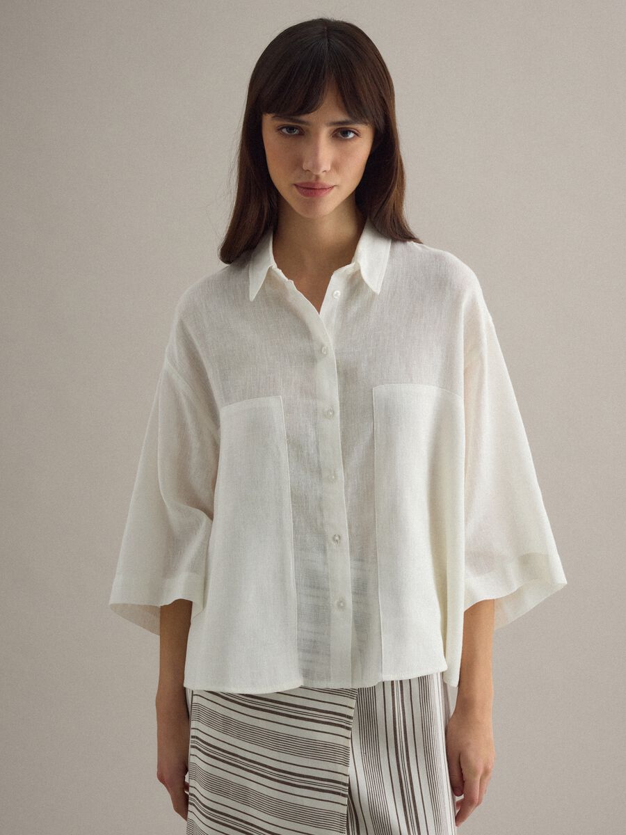 White oversized fit linen blend shirt_1