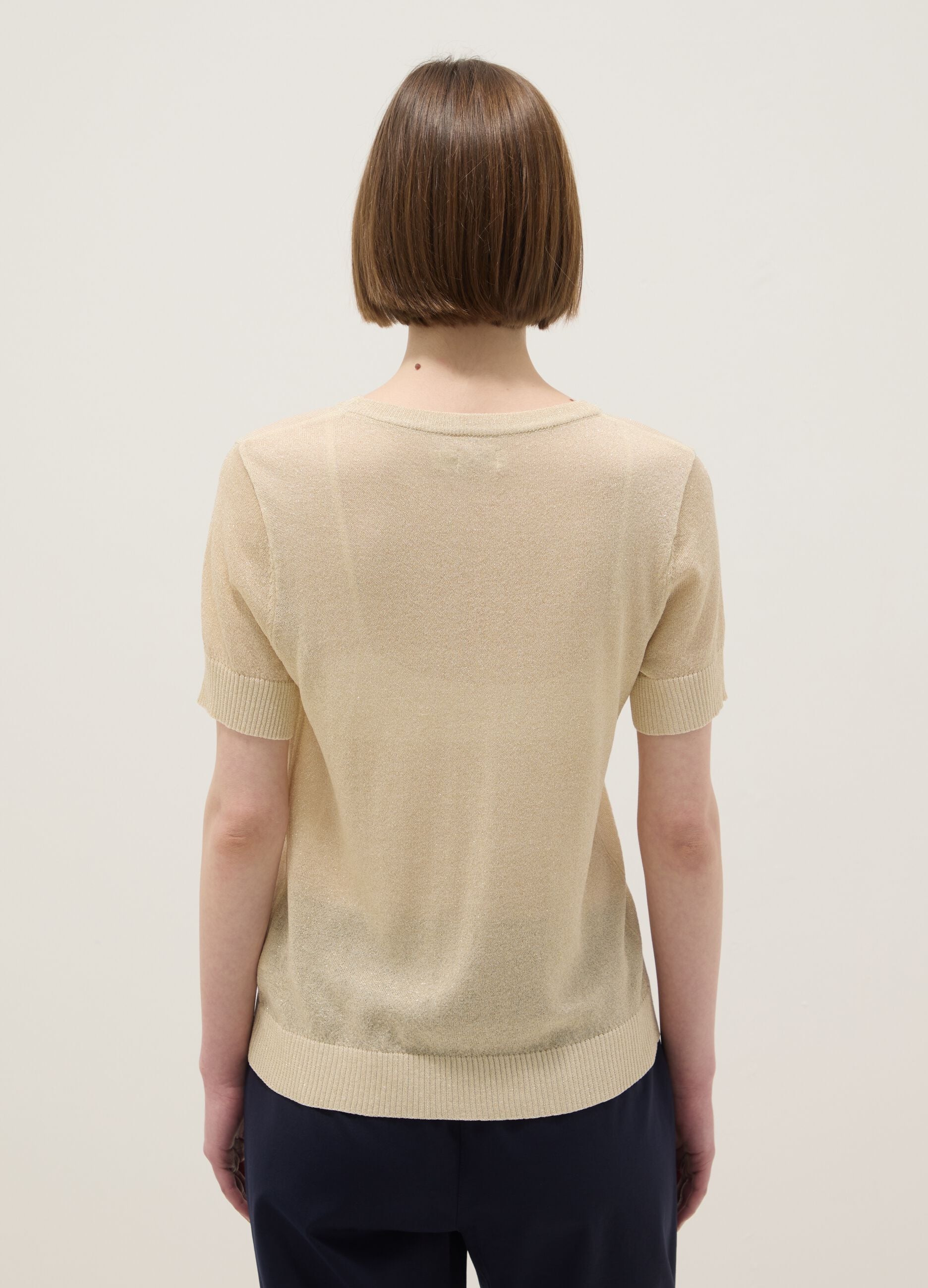Beige viscose blend regular fit T-shirt with transparent accents