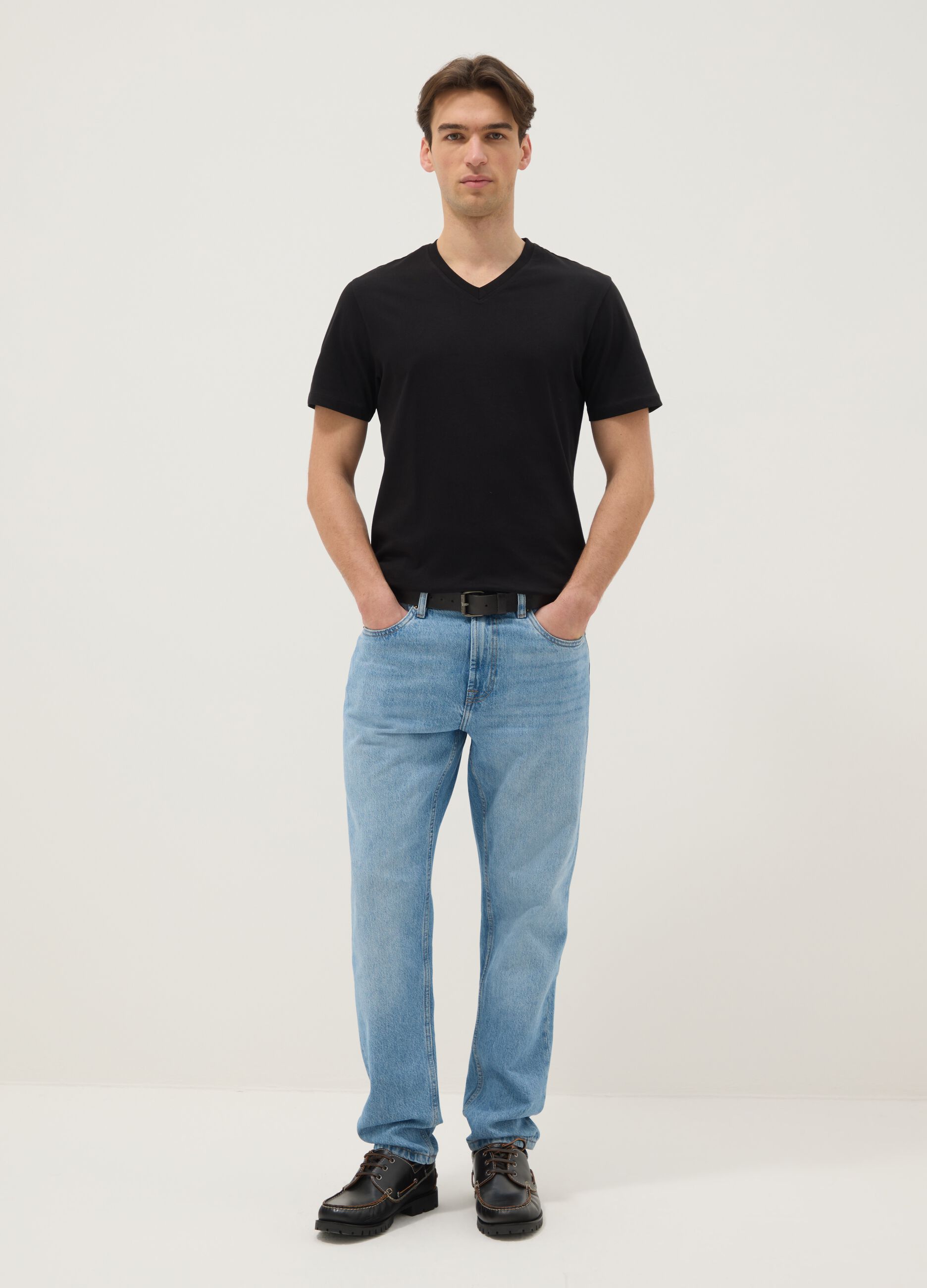 Black pure cotton regular fit V-neck T-shirt