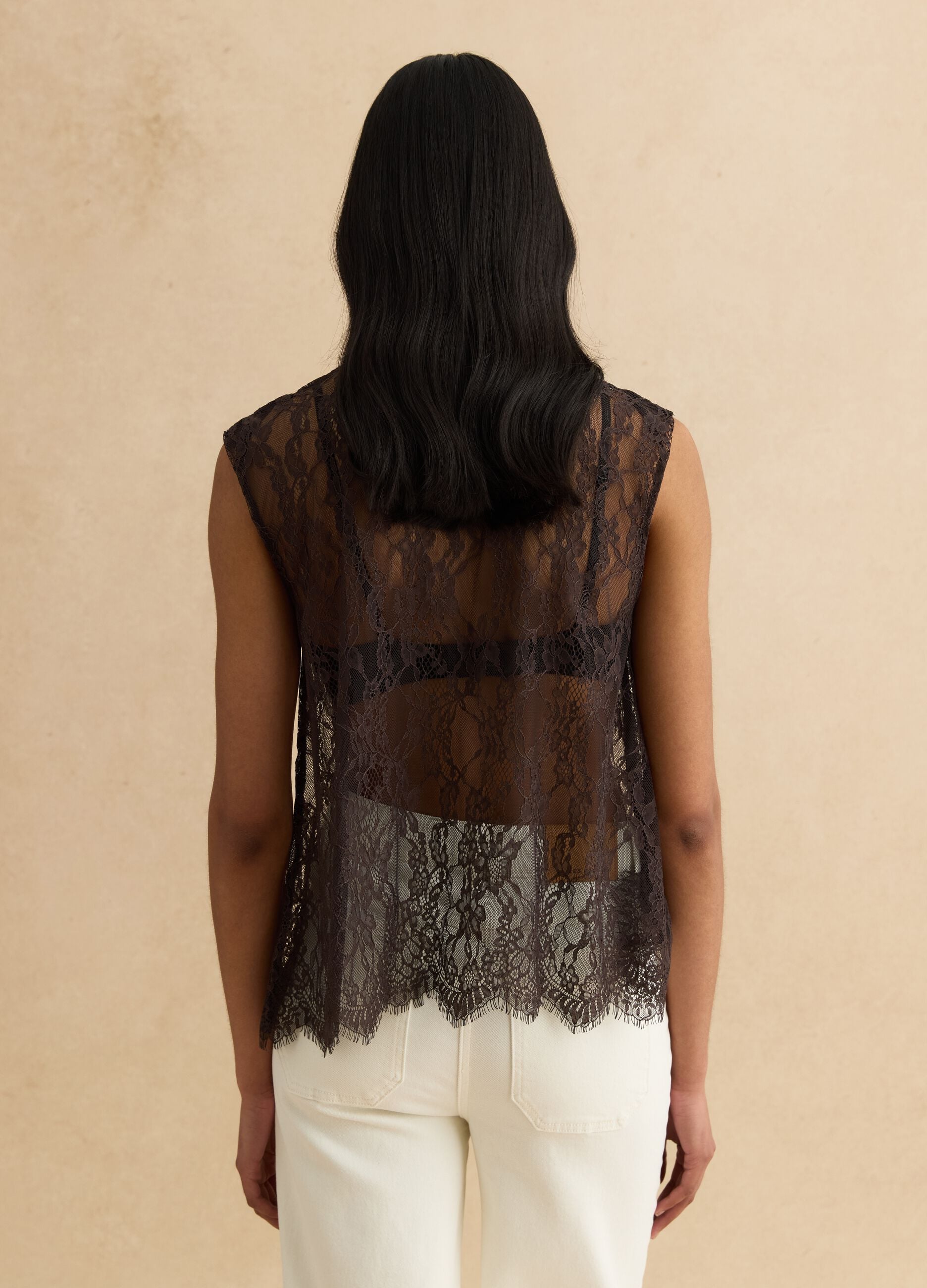 Regular fit brown lace tank top with bow