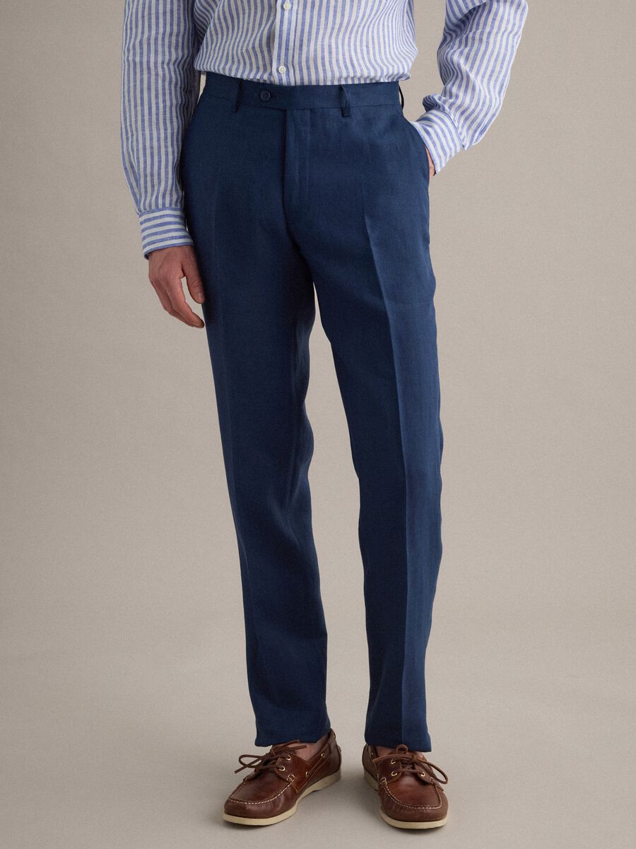 Slim-fit formal trousers in pure blue linen_1
