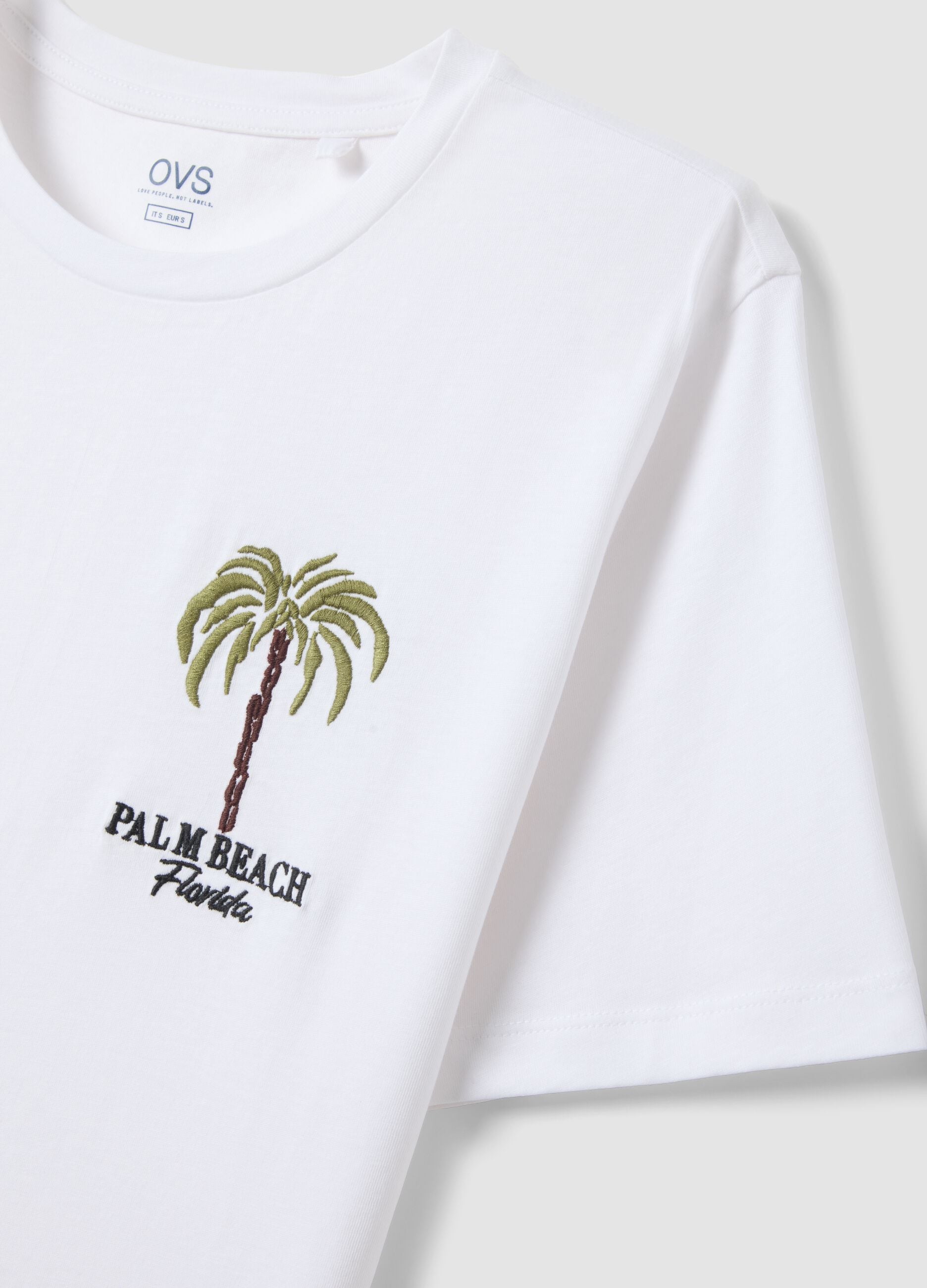 White pure cotton regular fit t-shirt with palm embroidery