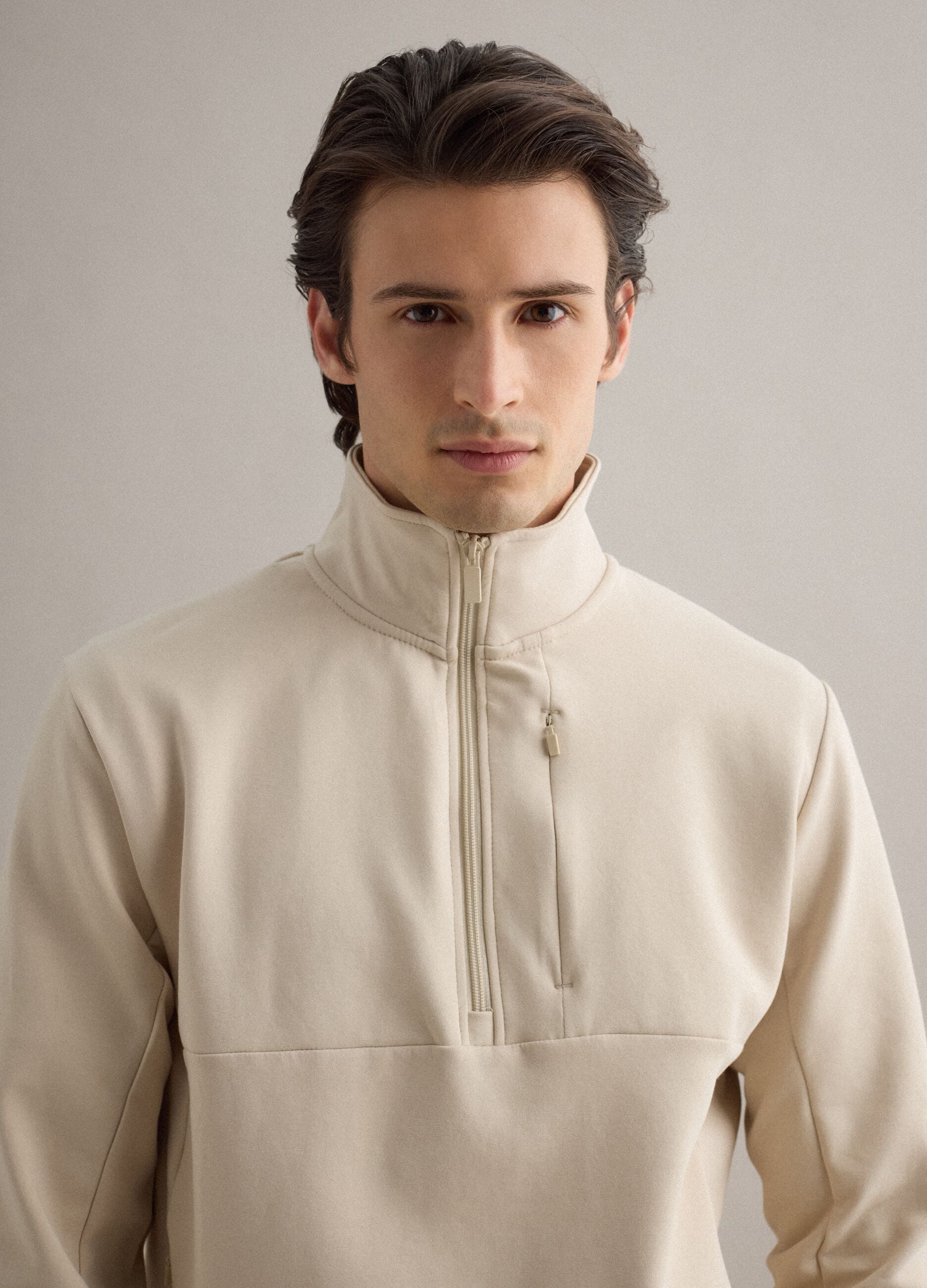 Beige regular fit stretch cotton blend sweatshirt with half zip