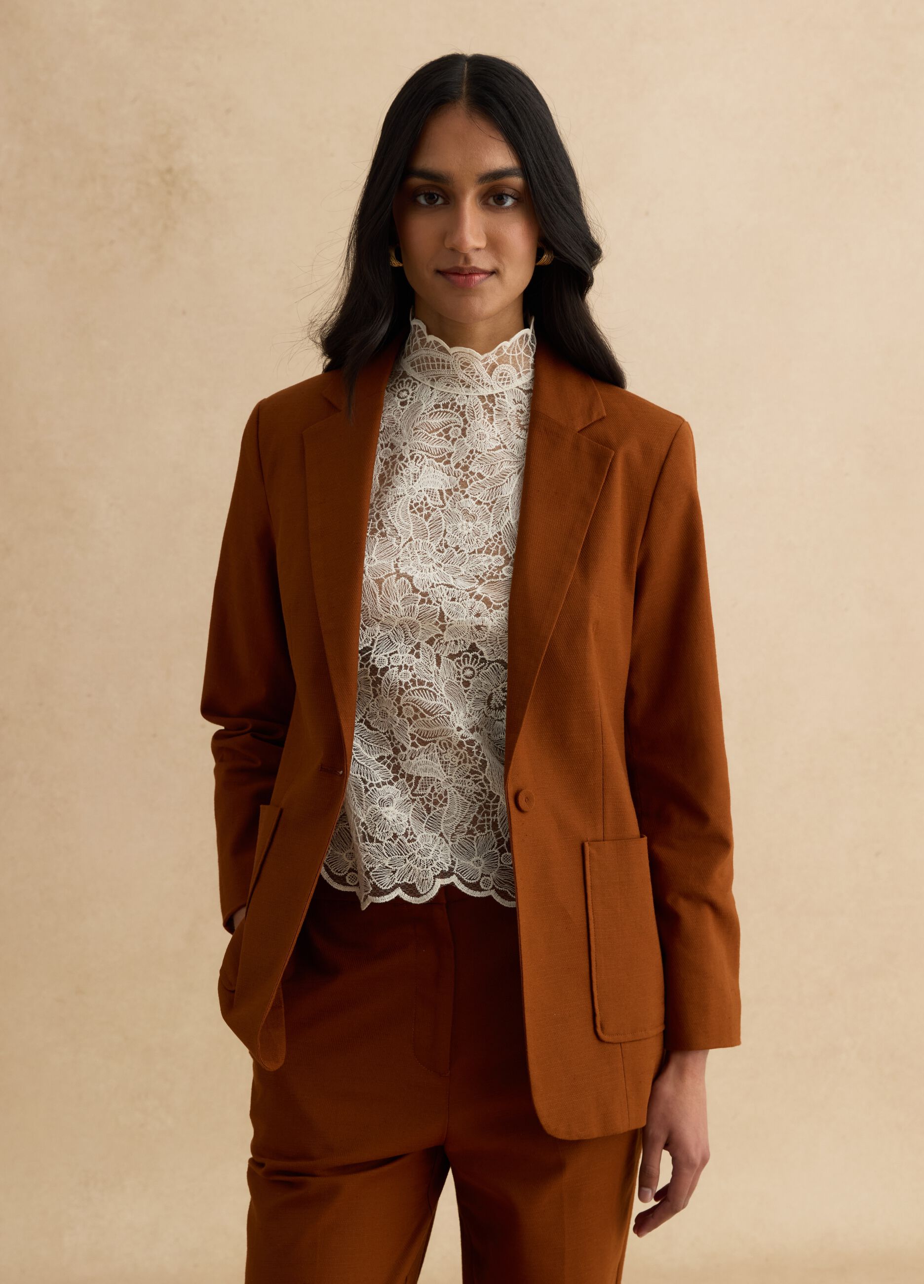 Brown Cotton and Linen Regular Fit Blazer