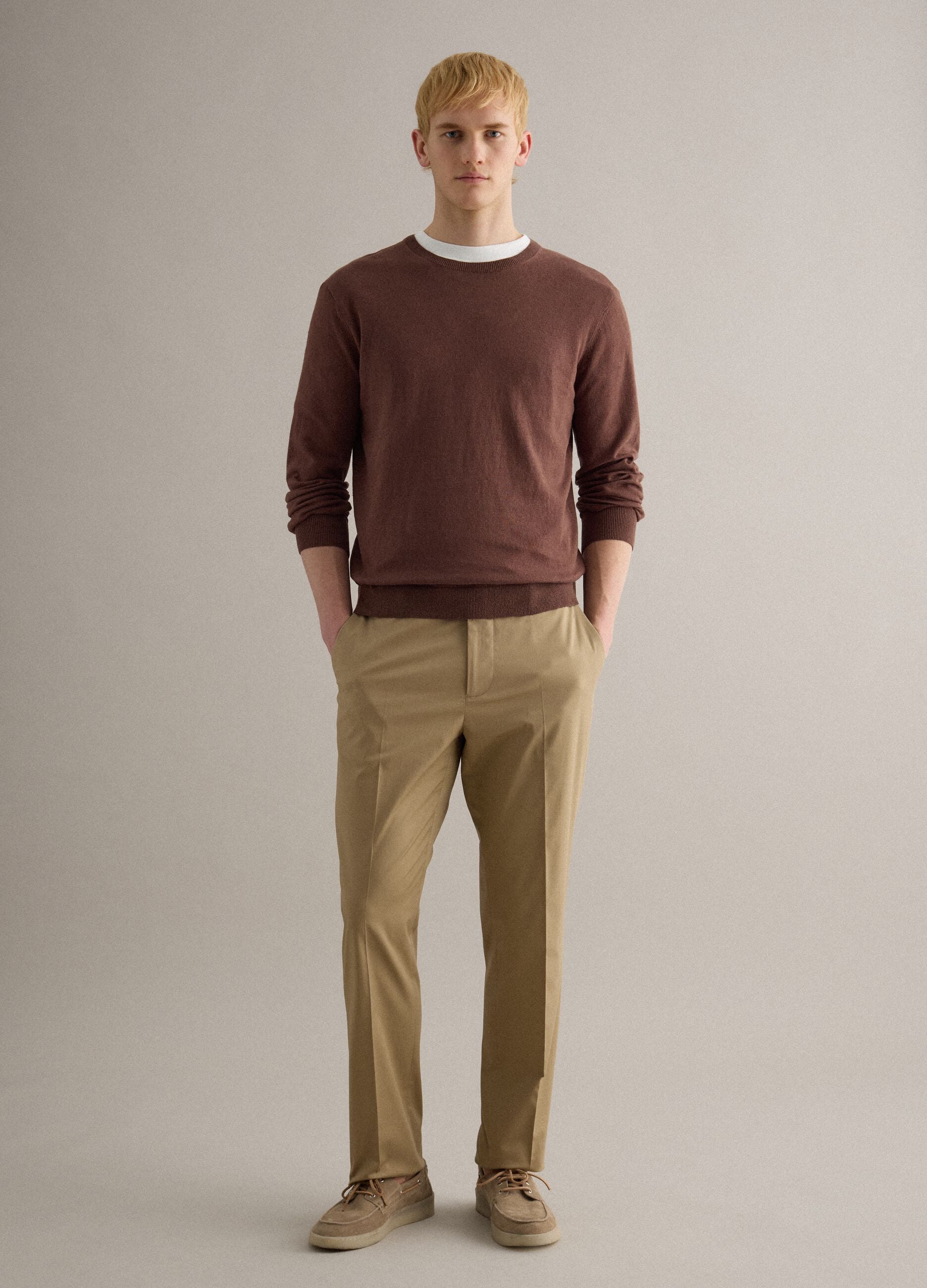 Beige Stretch Cotton Trousers Regular Fit