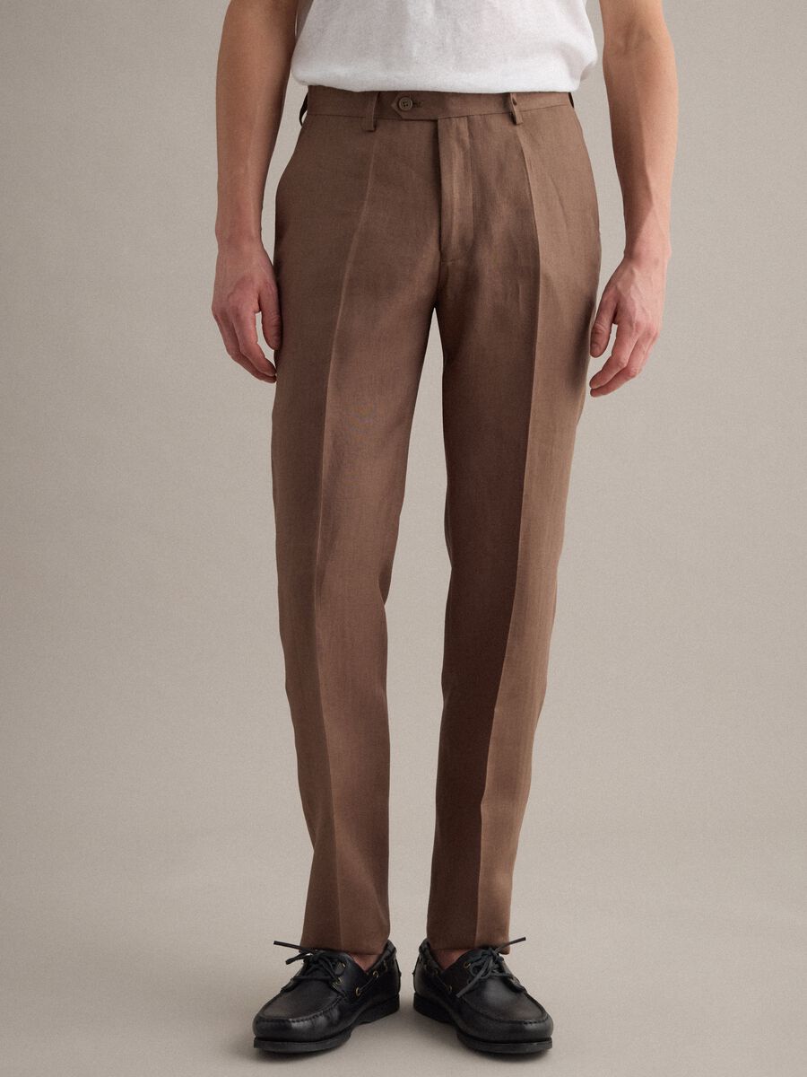 Brown pure linen slim-fit trousers_1