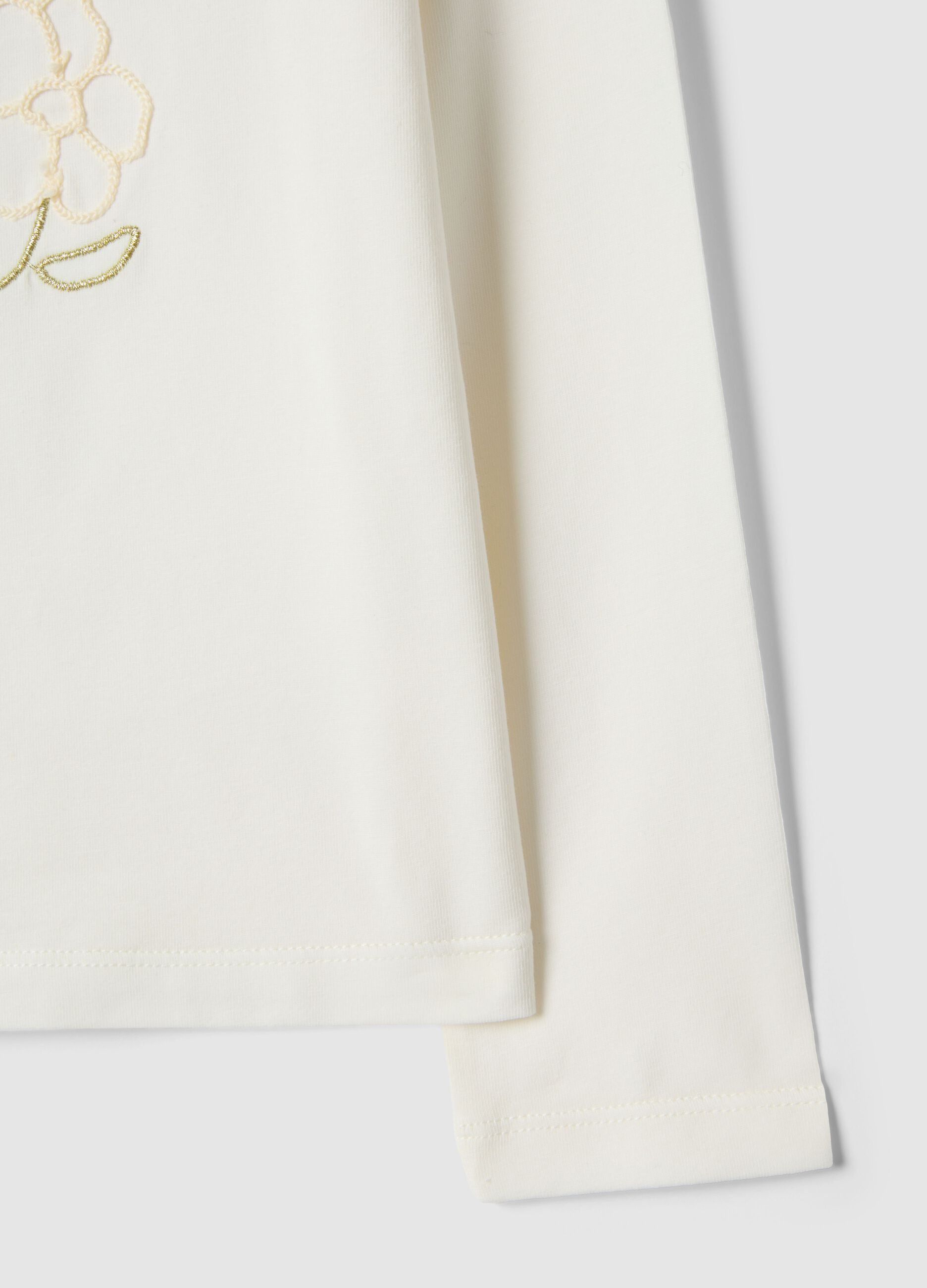 Girl's white stretch cotton T-shirt with floral embroidery
