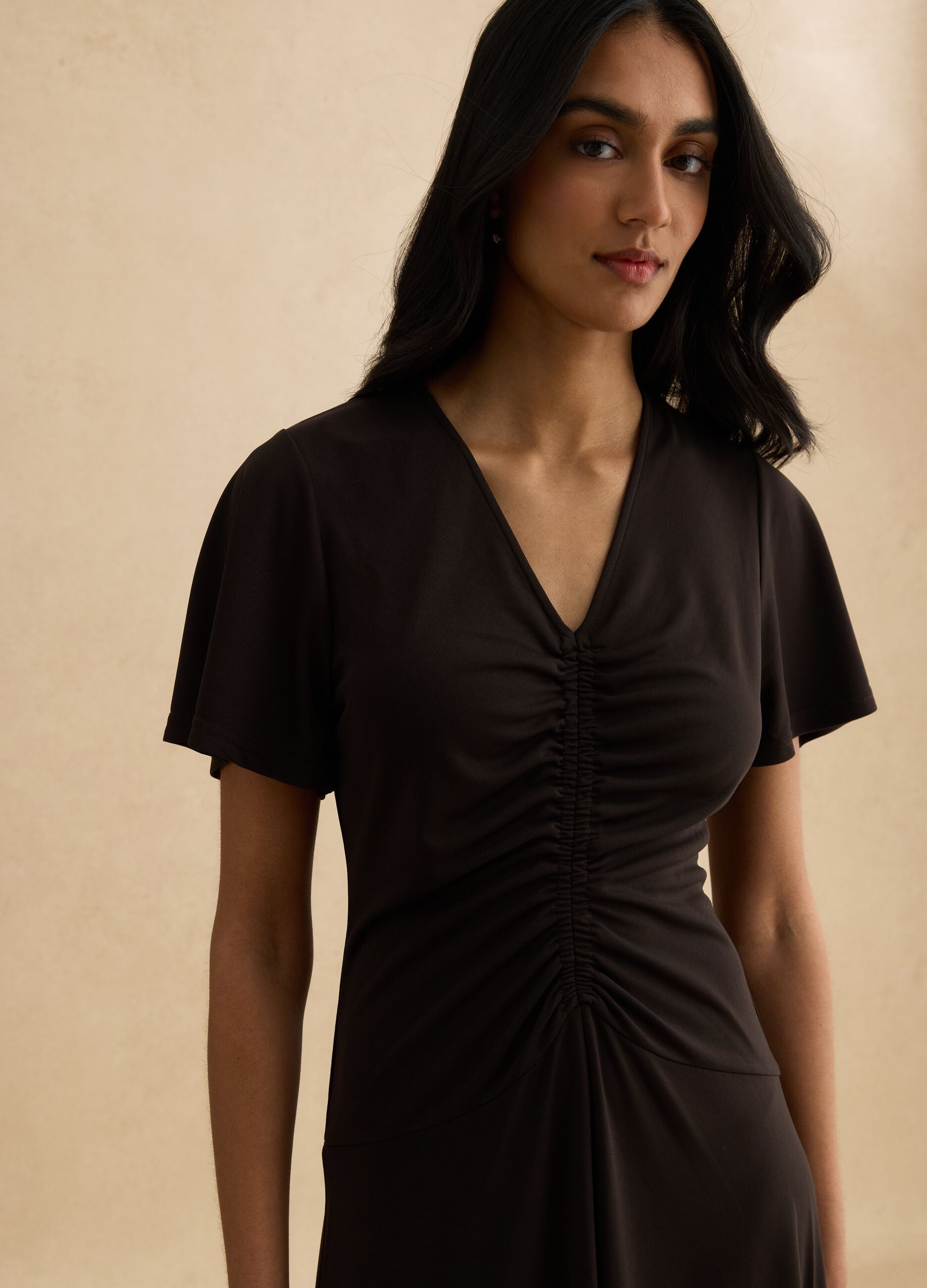 Black Dress with Ruched V-Neckline