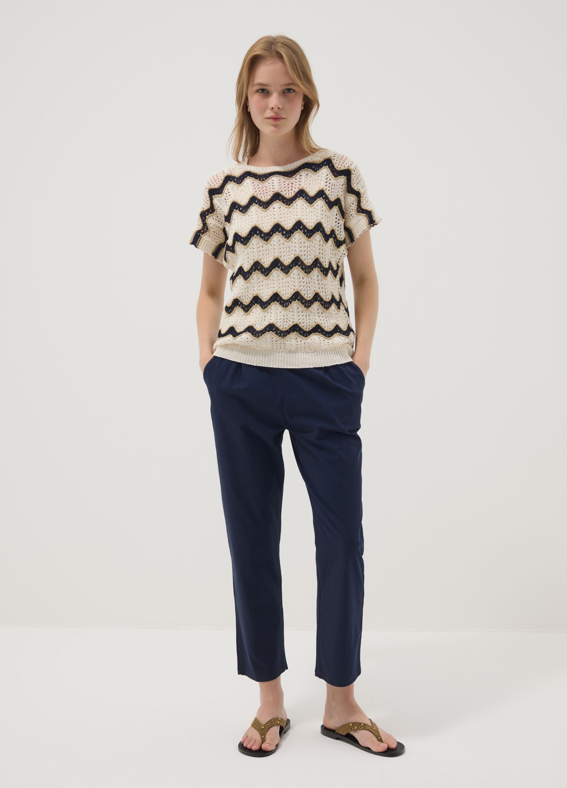 Beige openwork top with blue stripes in stretch cotton, regular fit