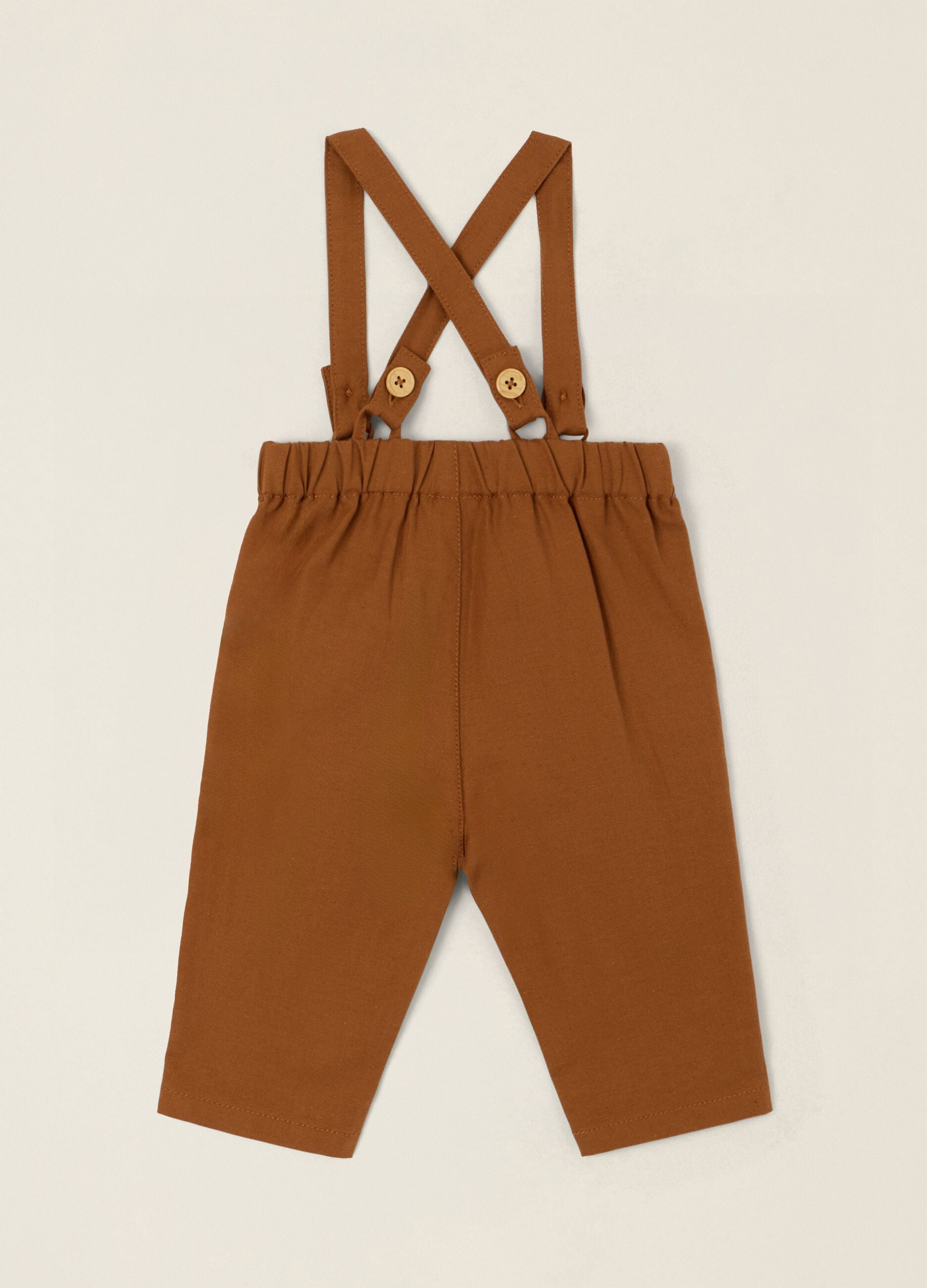 Brown cotton-linen blend trousers with suspenders