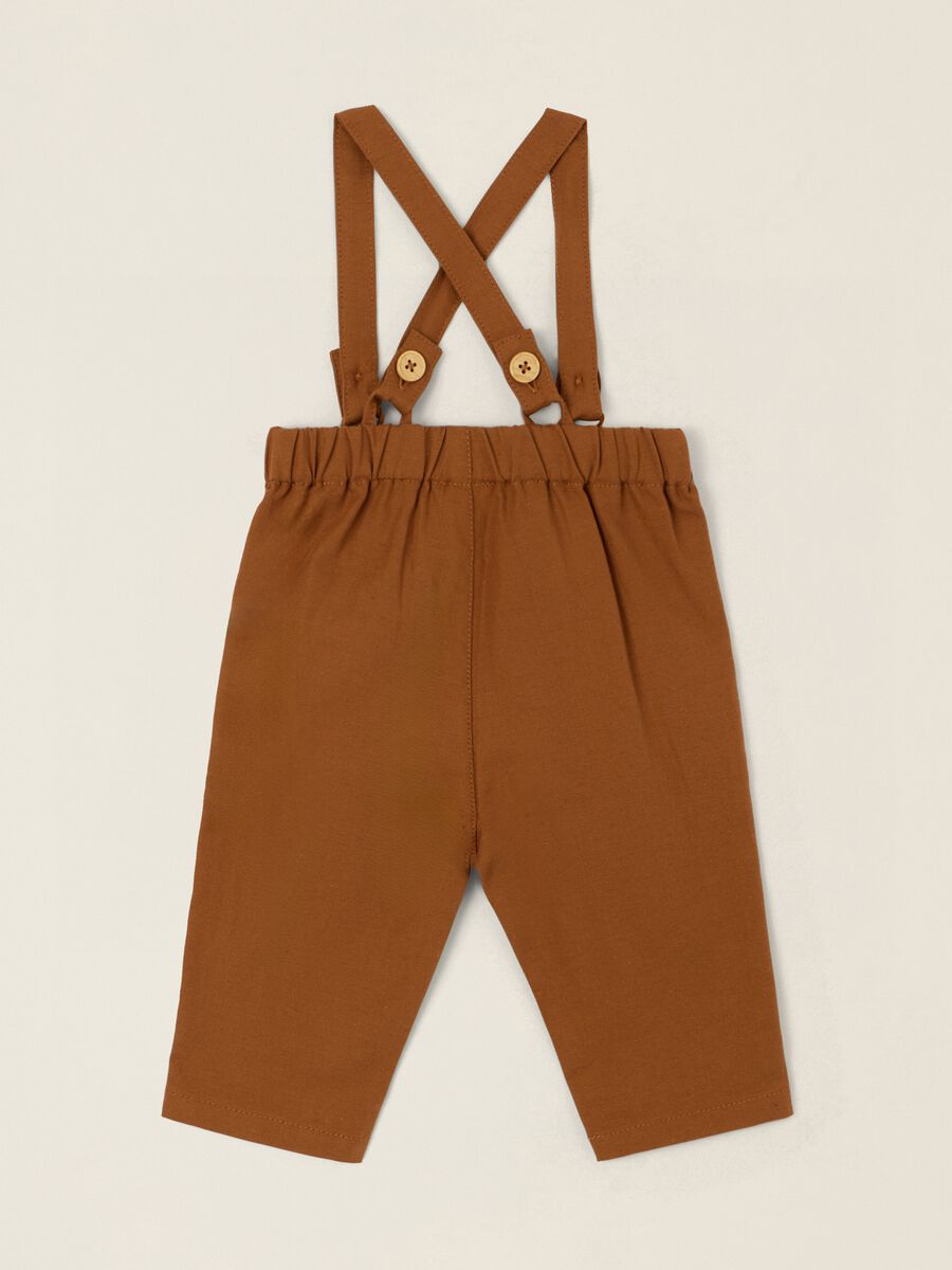 Pantaloni marroni in misto cotone e lino con bretelle_2