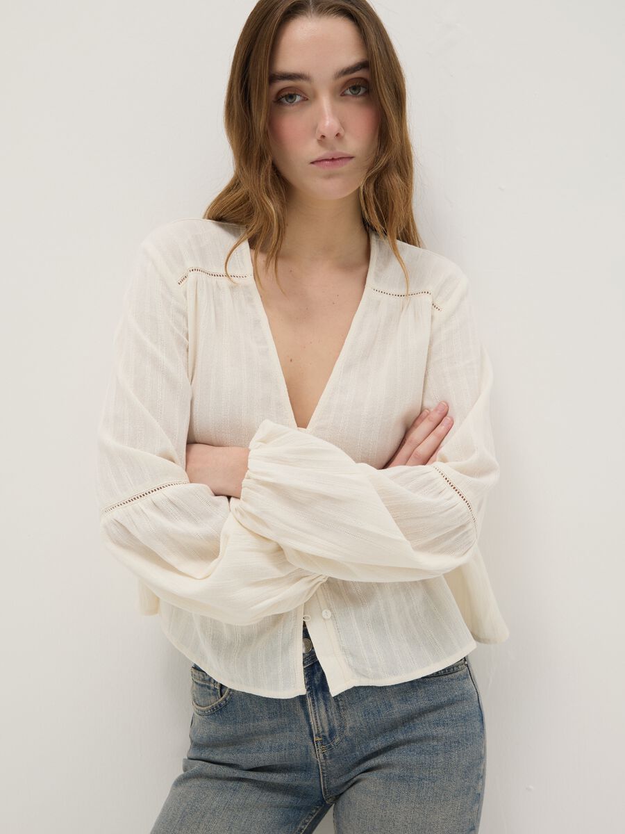 Blusa in puro cotone bianca a righe regular fit_1