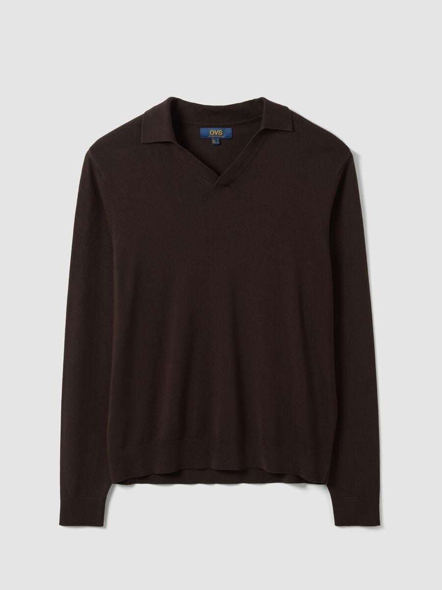 Brown viscose-blend V-neck polo with collar, regular fit_0