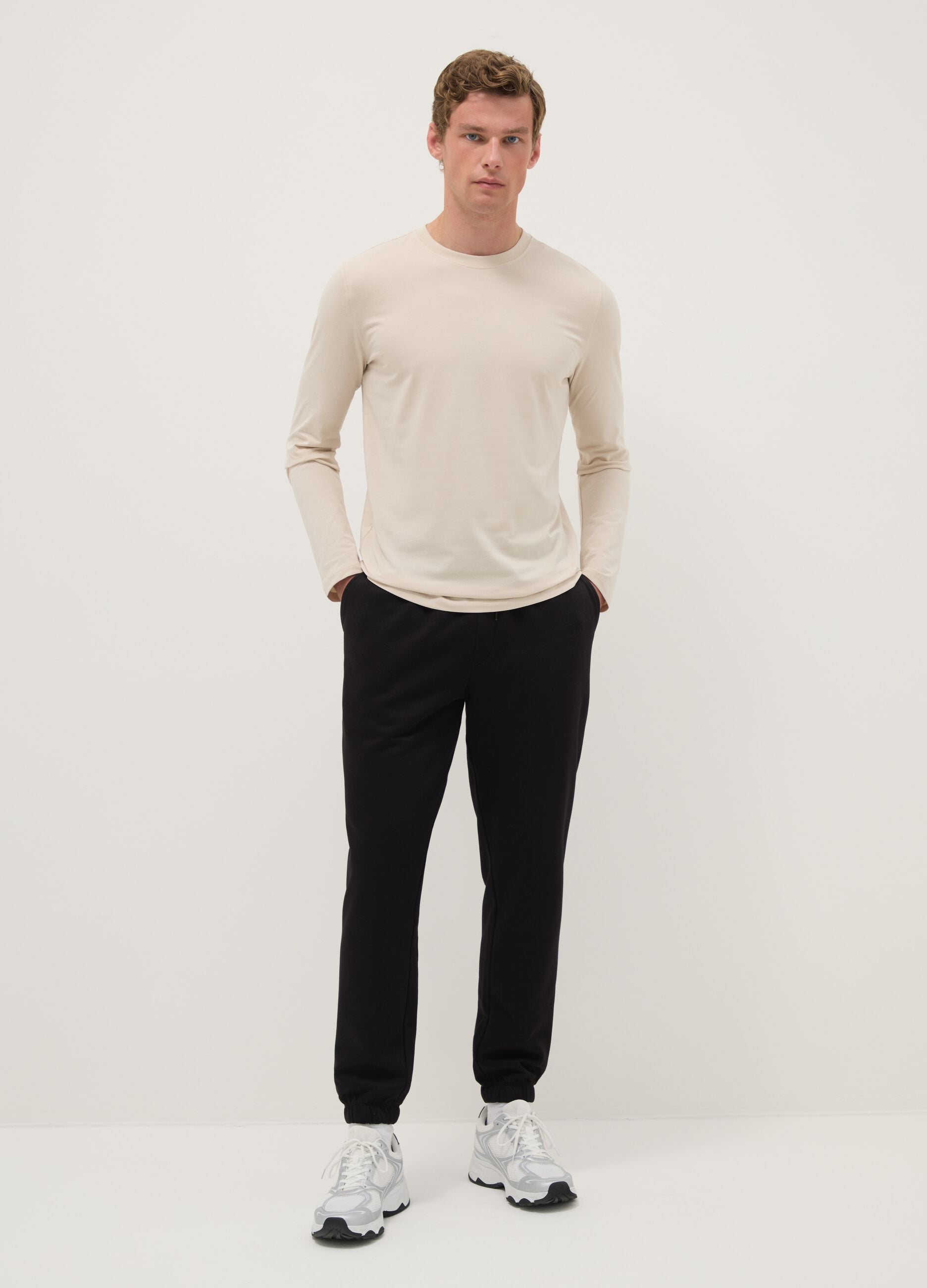 Beige long-sleeve stretch cotton regular fit t-shirt