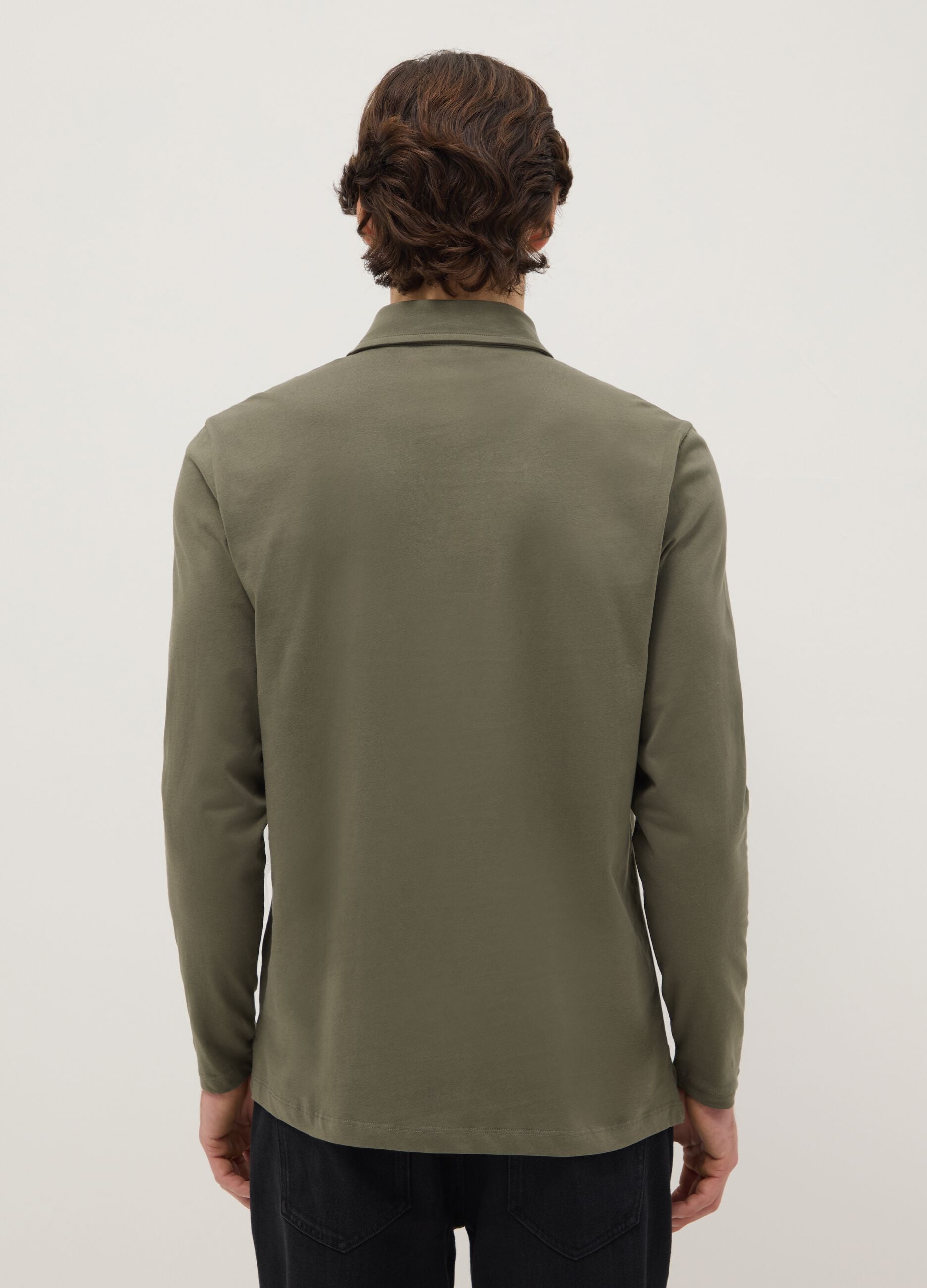 Long-sleeve green cotton polo shirt regular fit