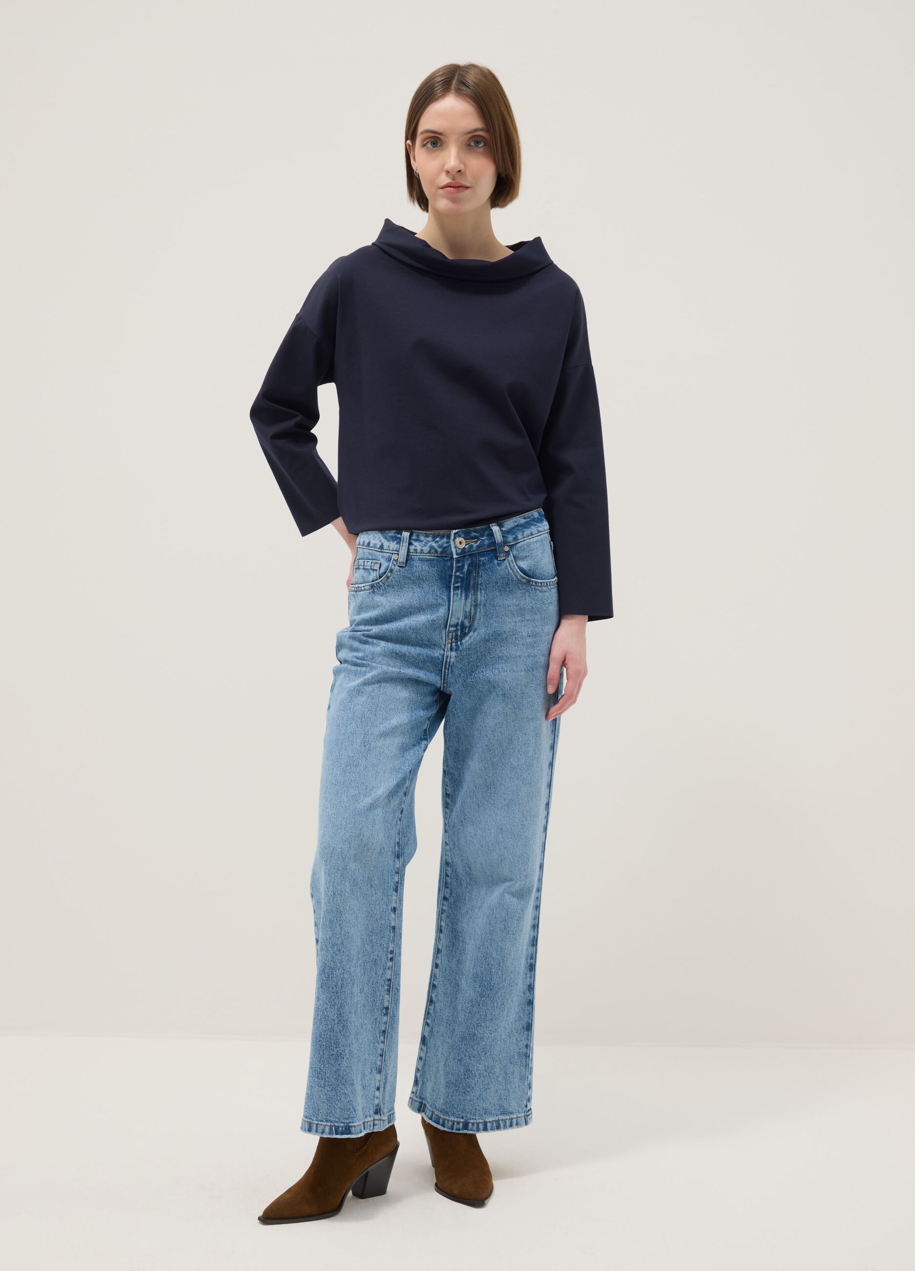 Blue regular fit stretch cotton blend jumper with wide collar