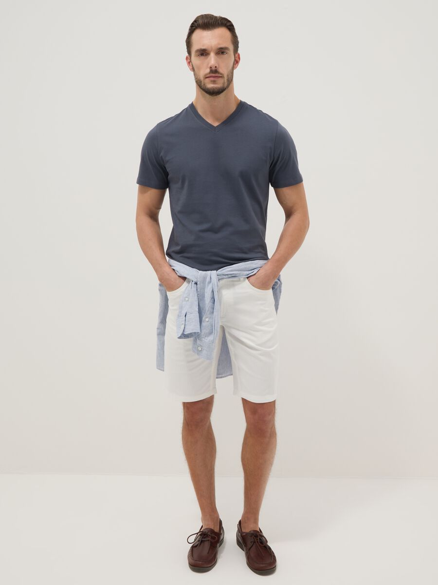 Blue pure cotton regular fit V-neck T-shirt_2