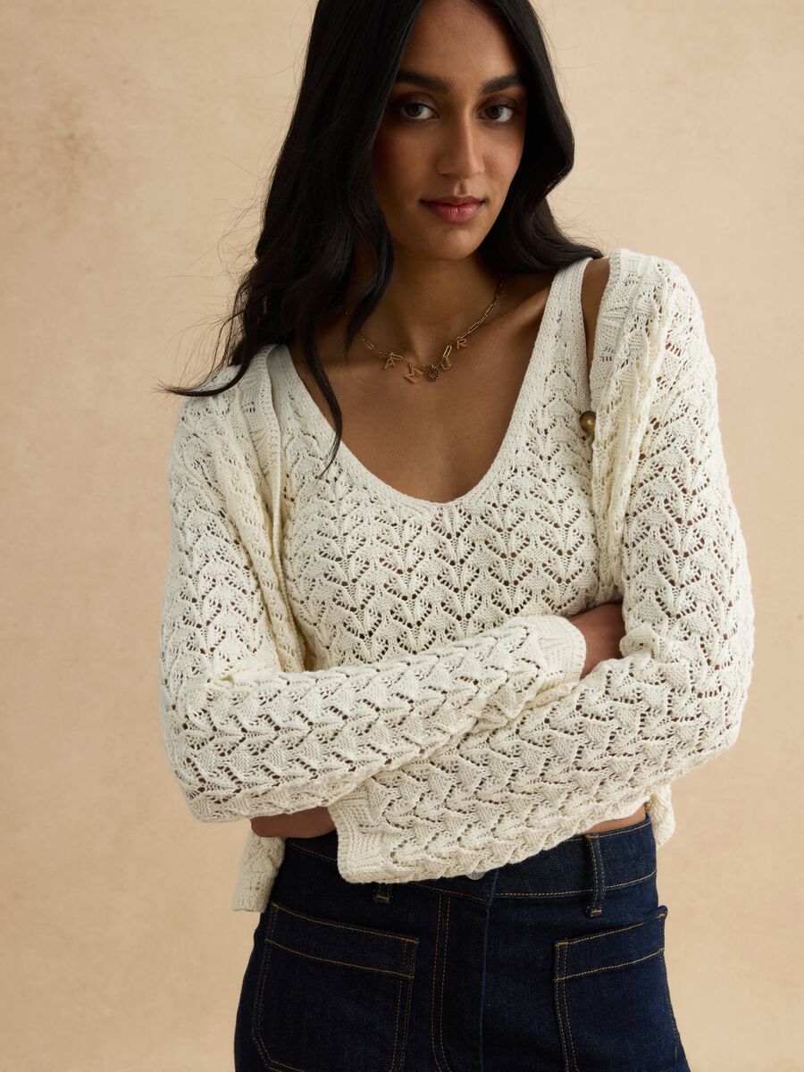 White pure cotton cardigan, regular fit deep V with openwork pattern_1