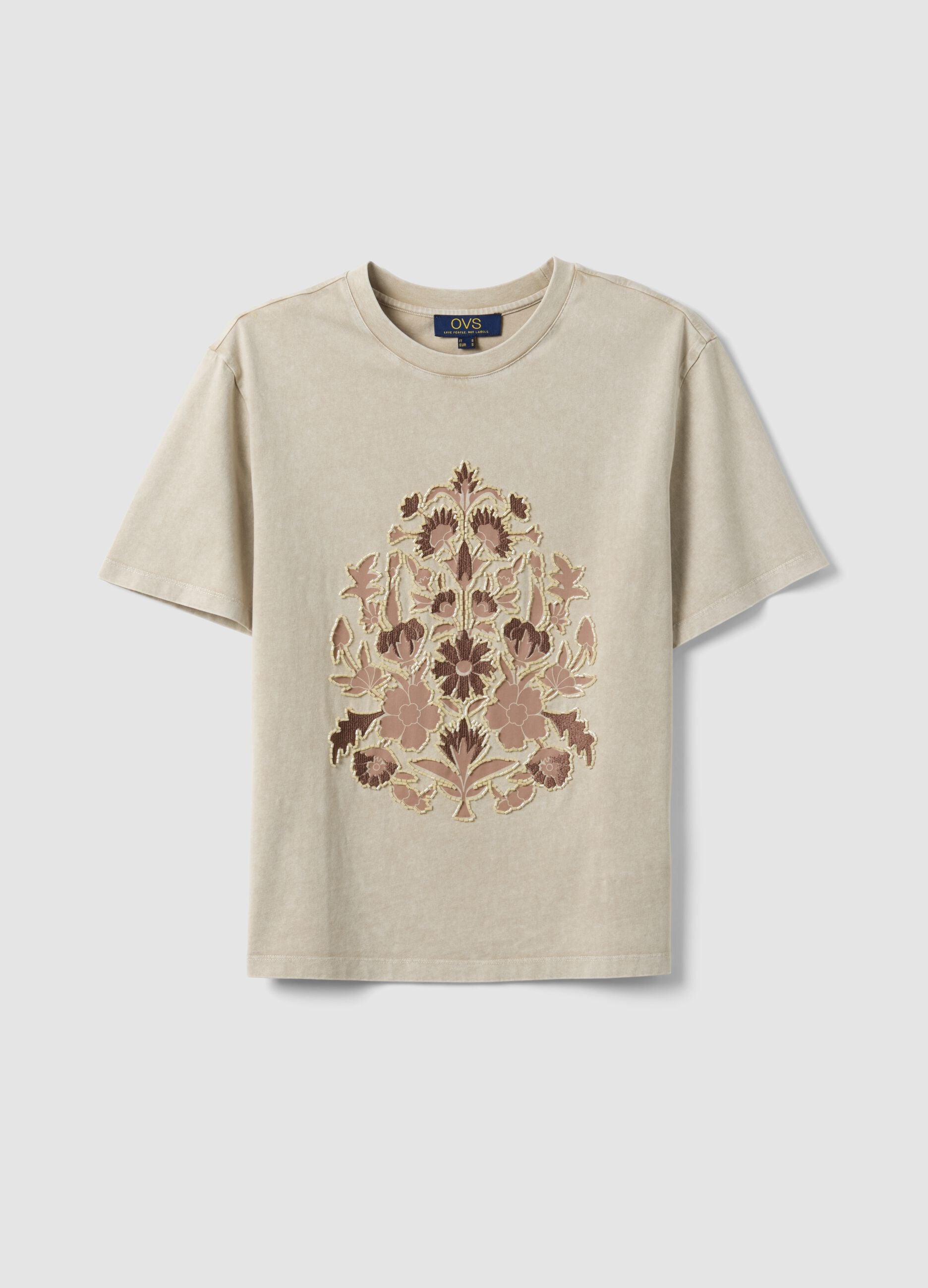 Beige short sleeve pure cotton t-shirt with regular fit and beads