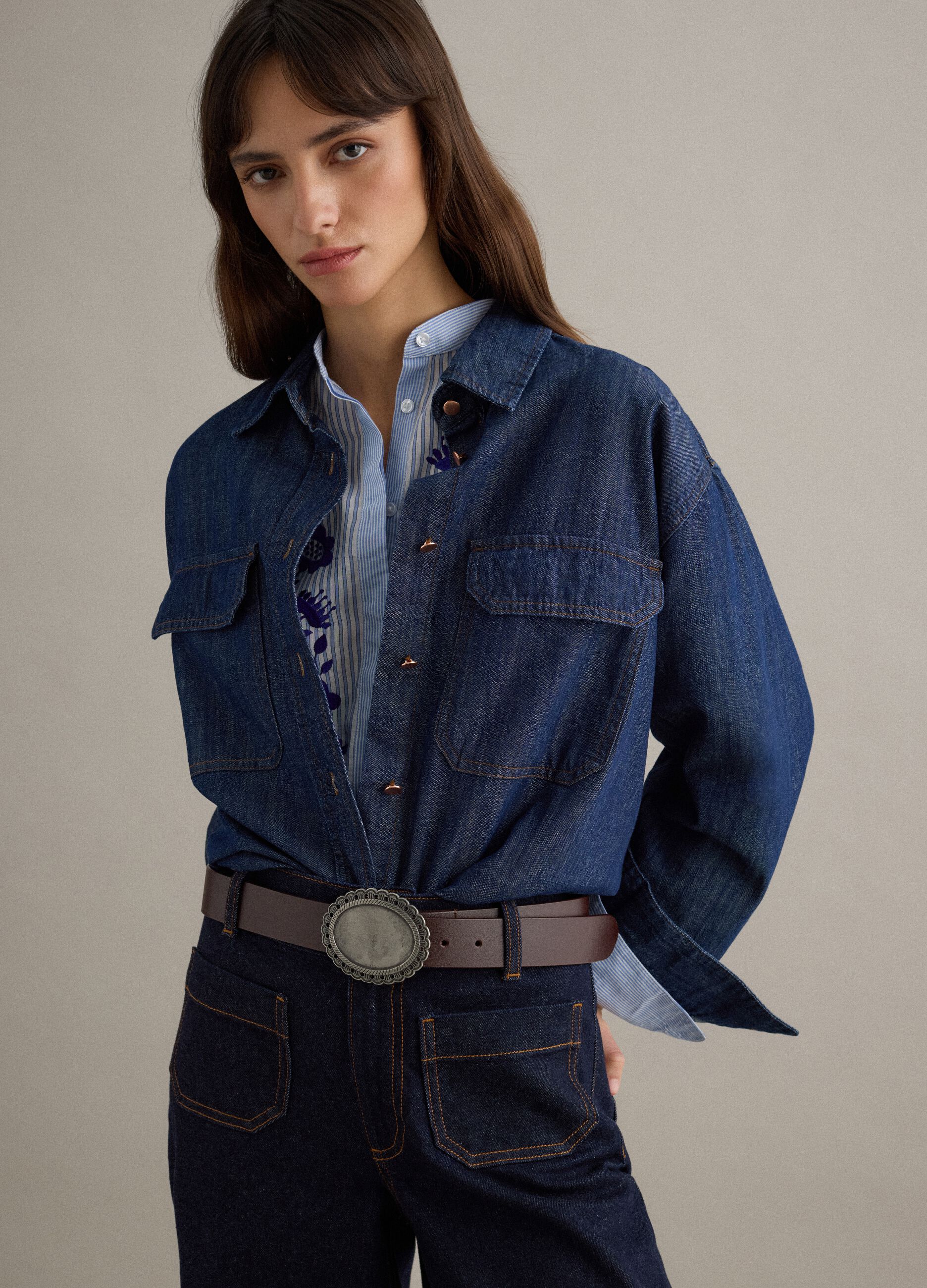Regular fit blouse in pure blue denim cotton