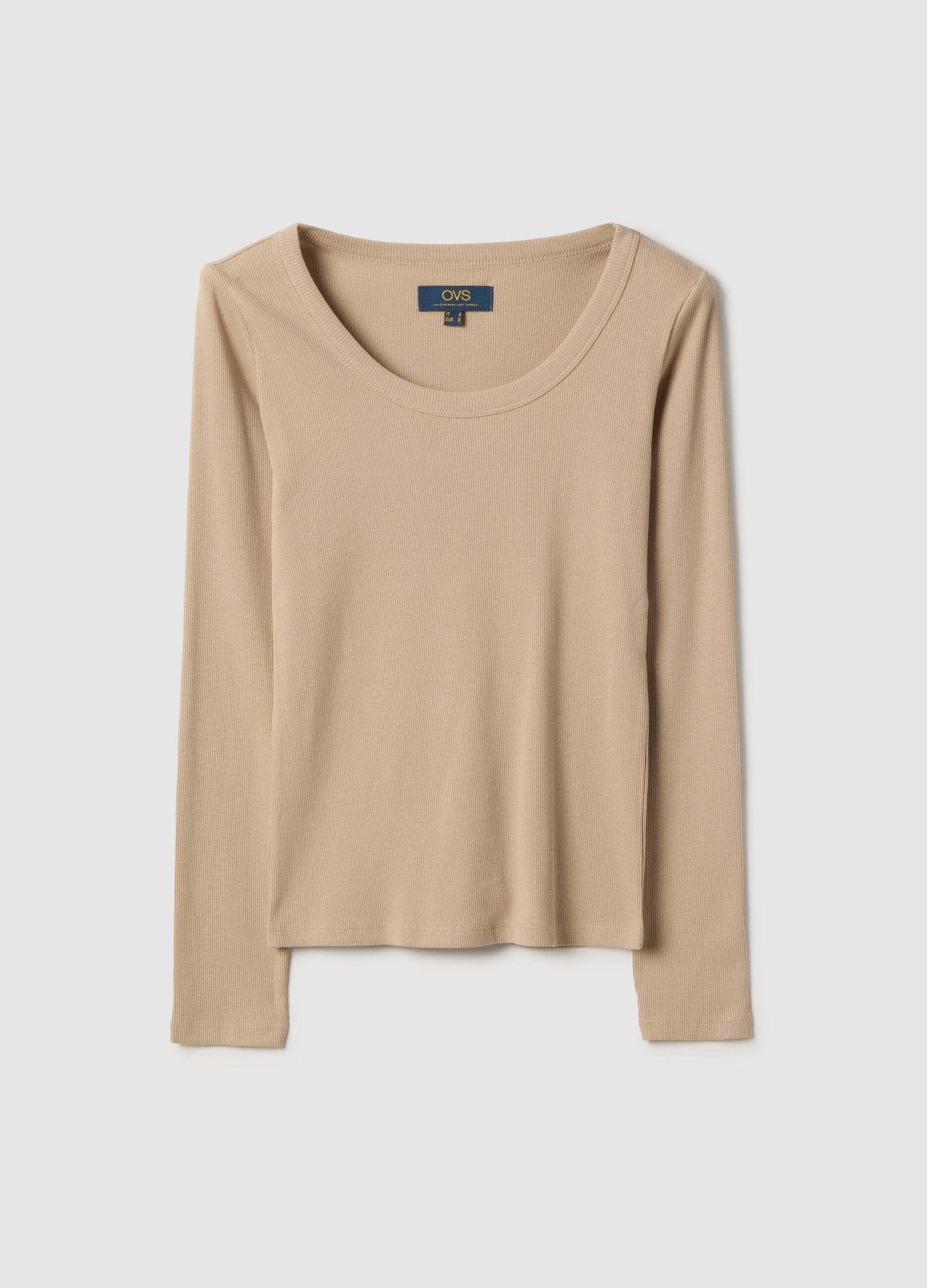 Men's Long Sleeve Beige Pure Cotton Regular Fit T-shirt