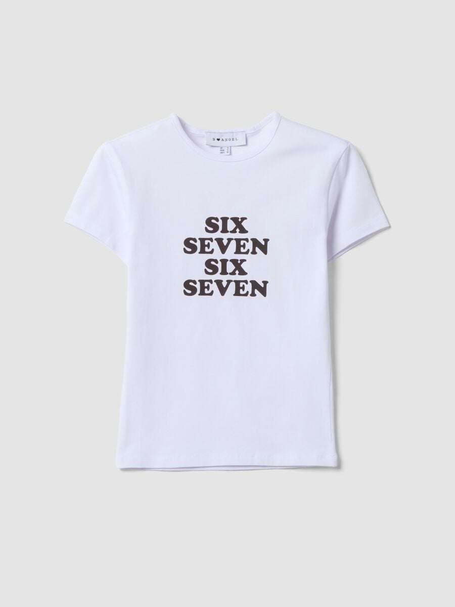 White fitted pure cotton T-shirt with Six Seven front print_0