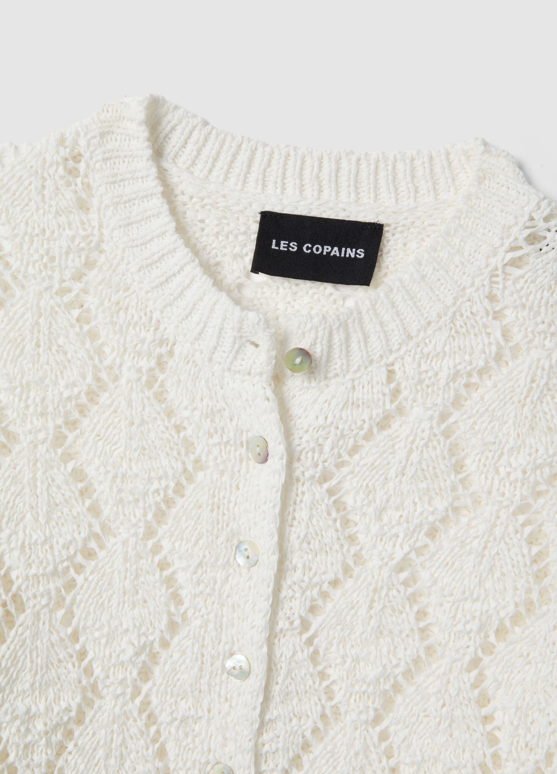White cotton blend cardigan with regular fit and knitted pattern