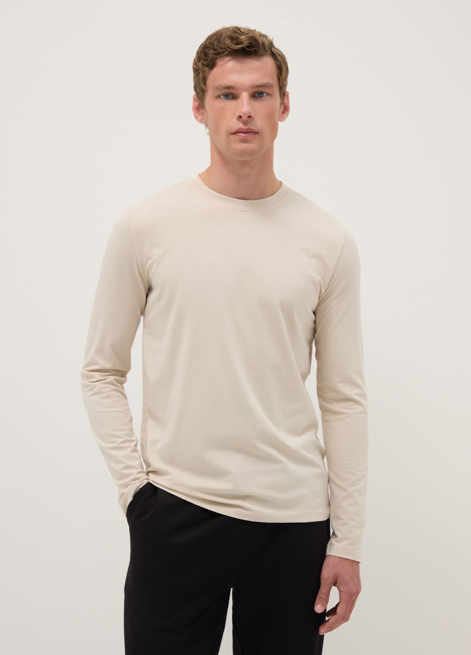 Beige long-sleeve stretch cotton regular fit t-shirt