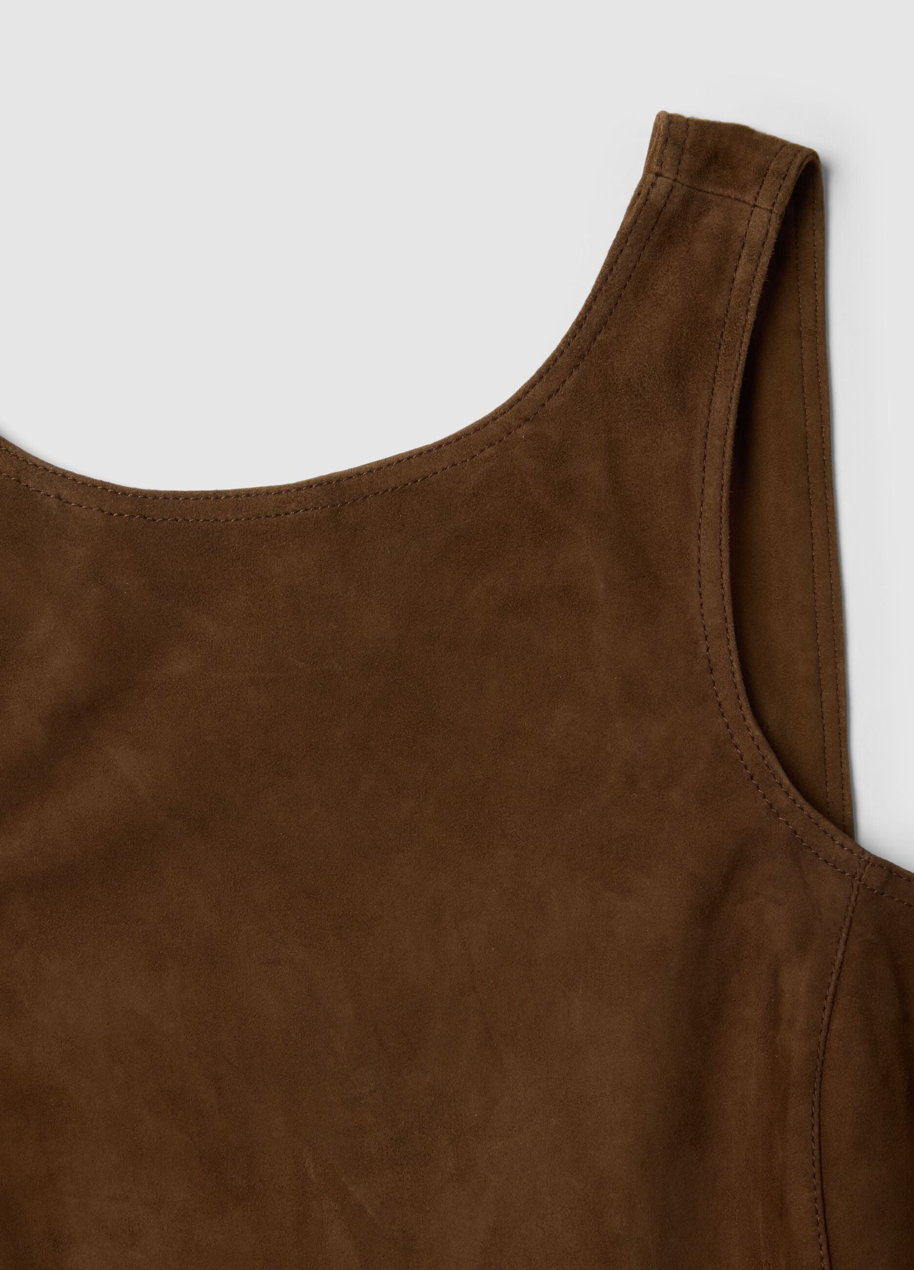 Sleeveless brown dress in genuine leather