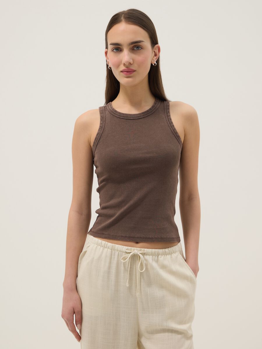 Brown ribbed stretch cotton fitted tank top_3