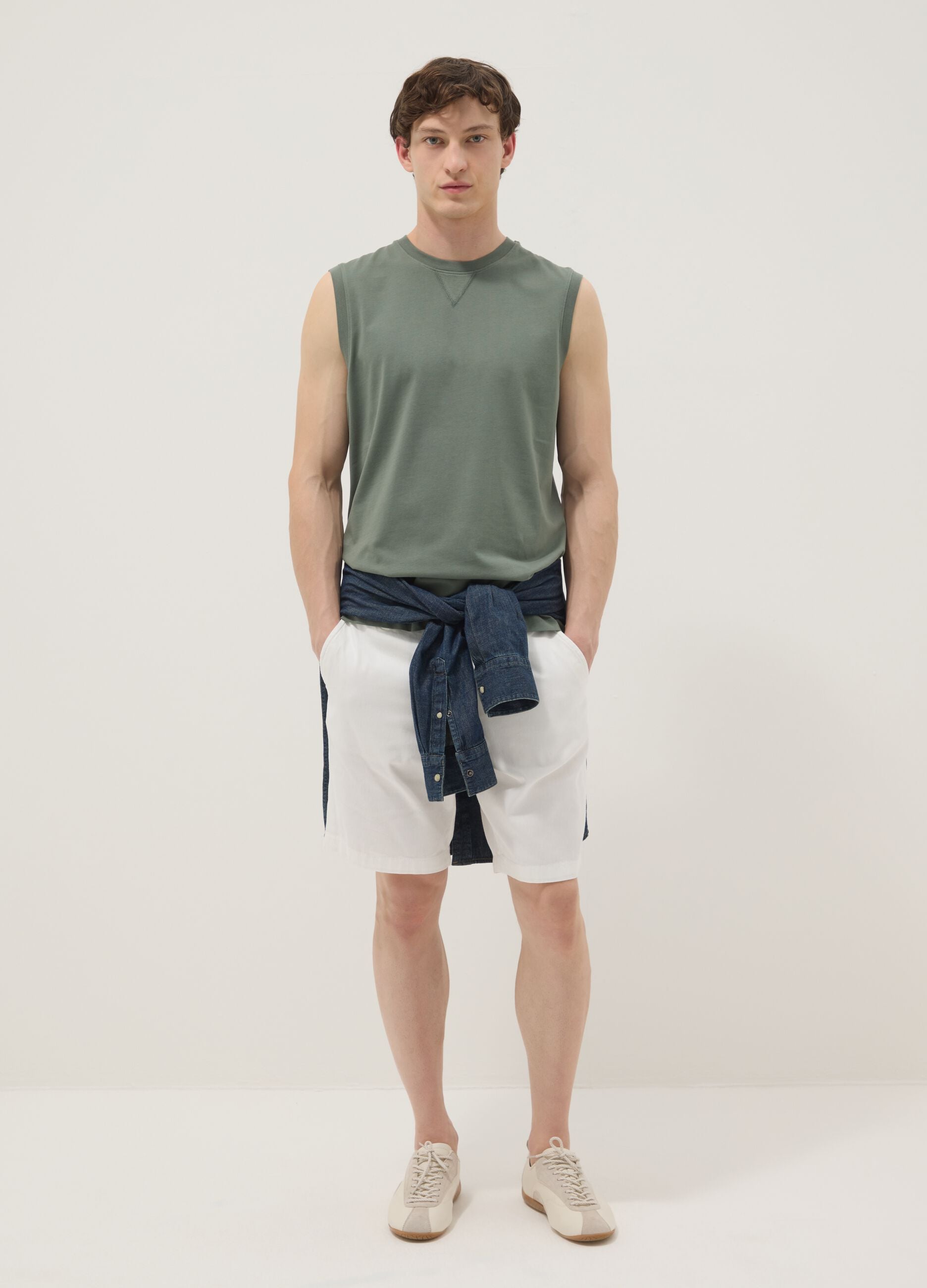 Green crew-neck pure cotton vest, relaxed fit