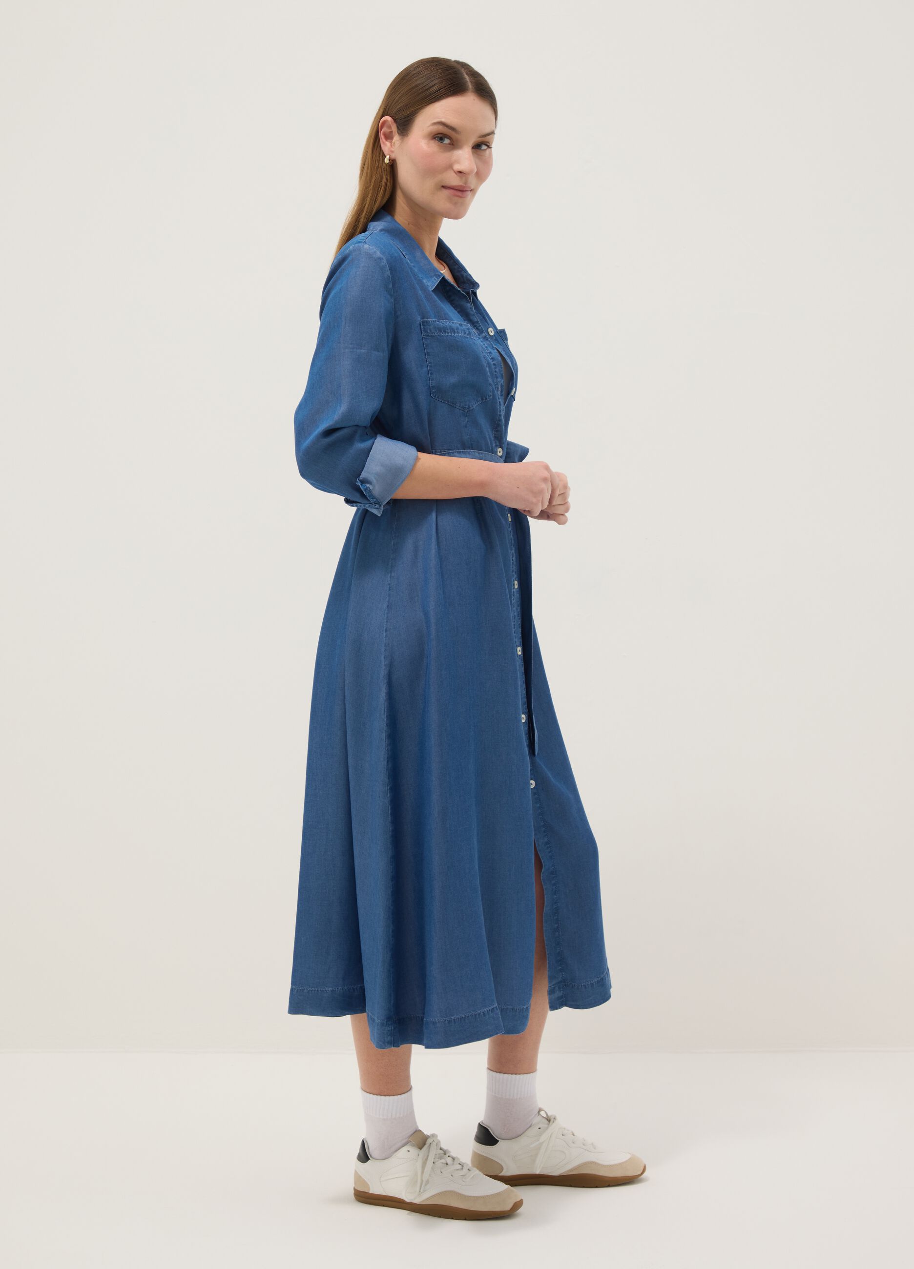 Long blue maternity dress in pure lyocell, regular fit