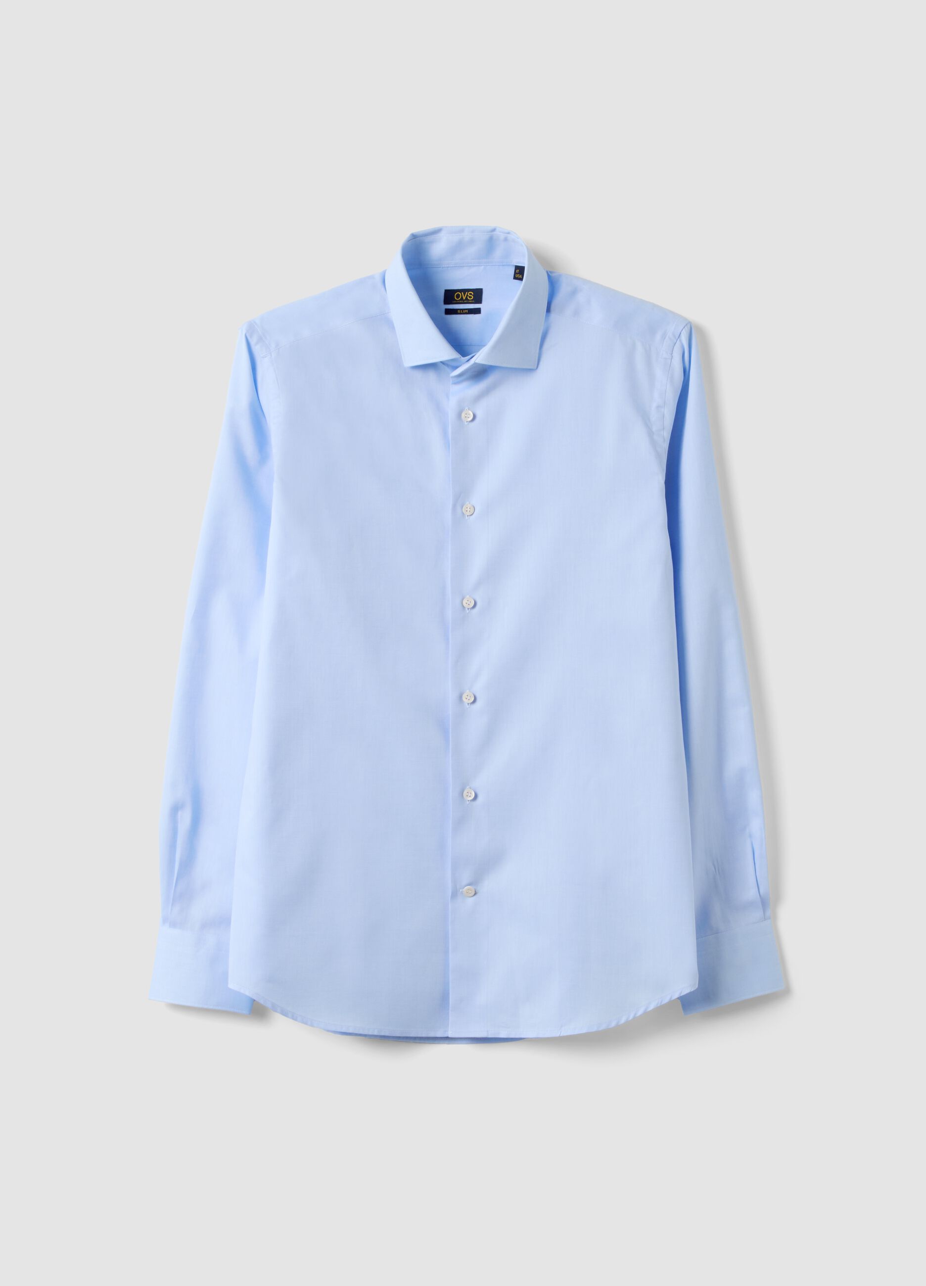 Light blue pure compact cotton shirt with classic collar, slim fit