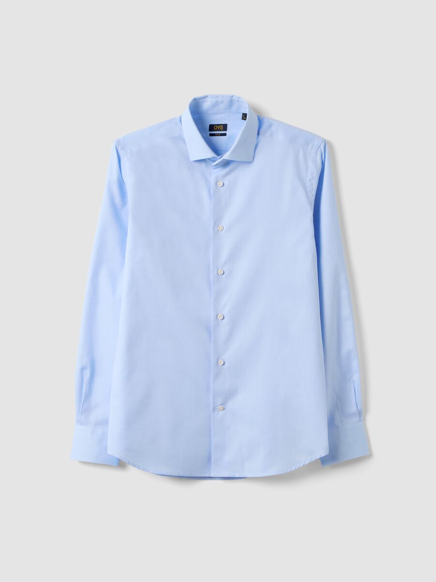 Light blue pure compact cotton shirt with classic collar, slim fit_0