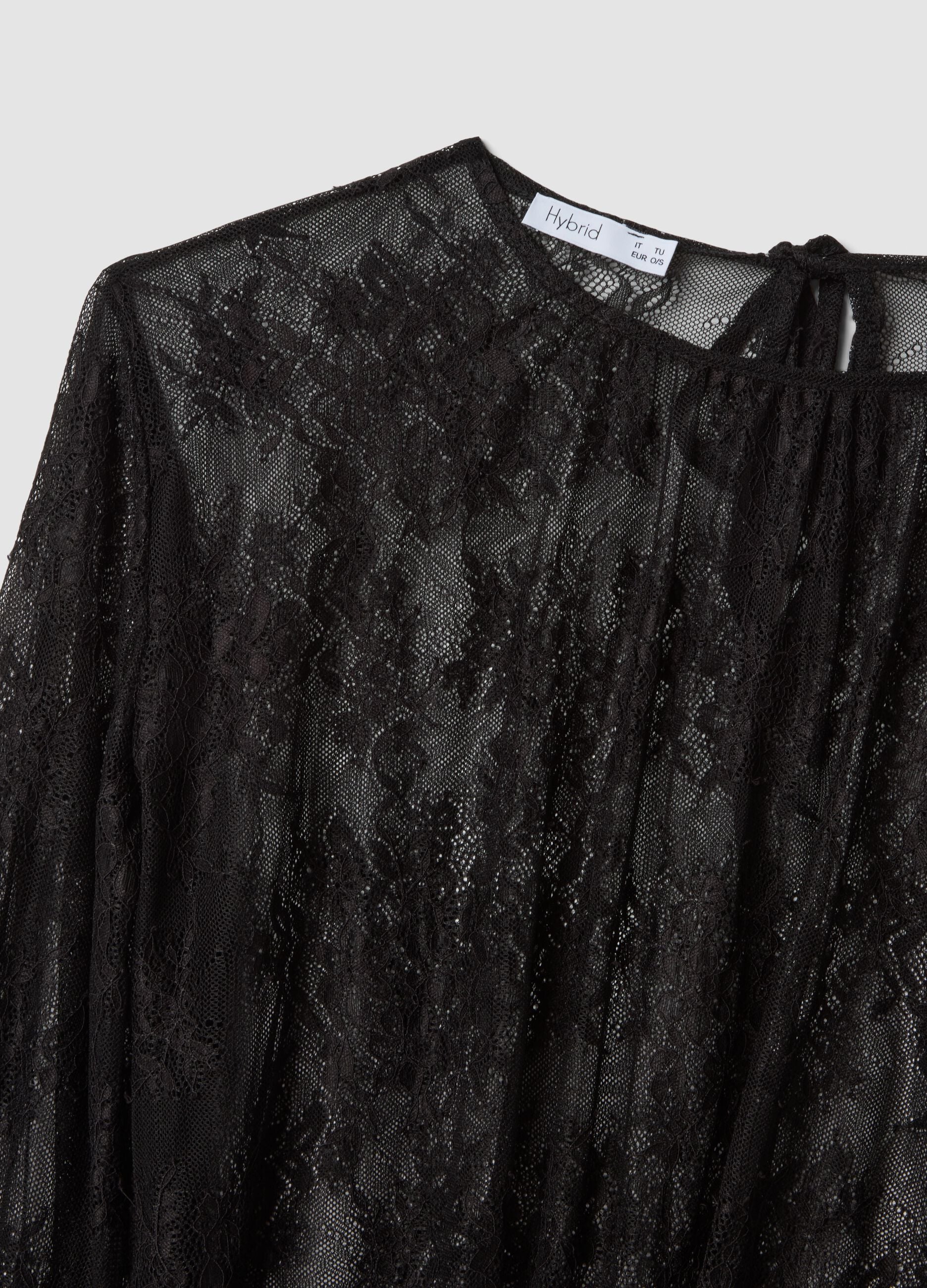Black stretch blouse with sheer lace, regular fit