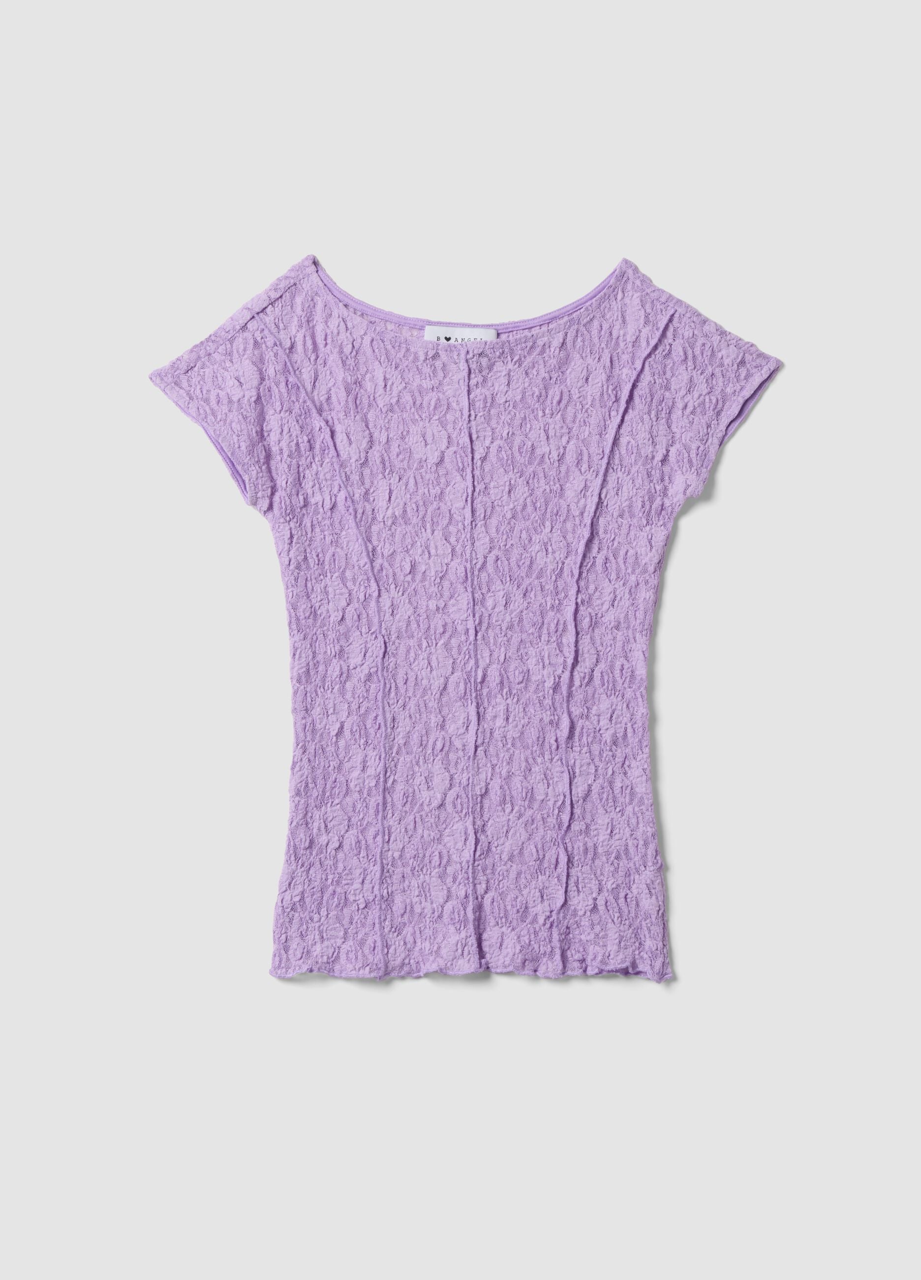 Purple stretch T-shirt with raised floral texture