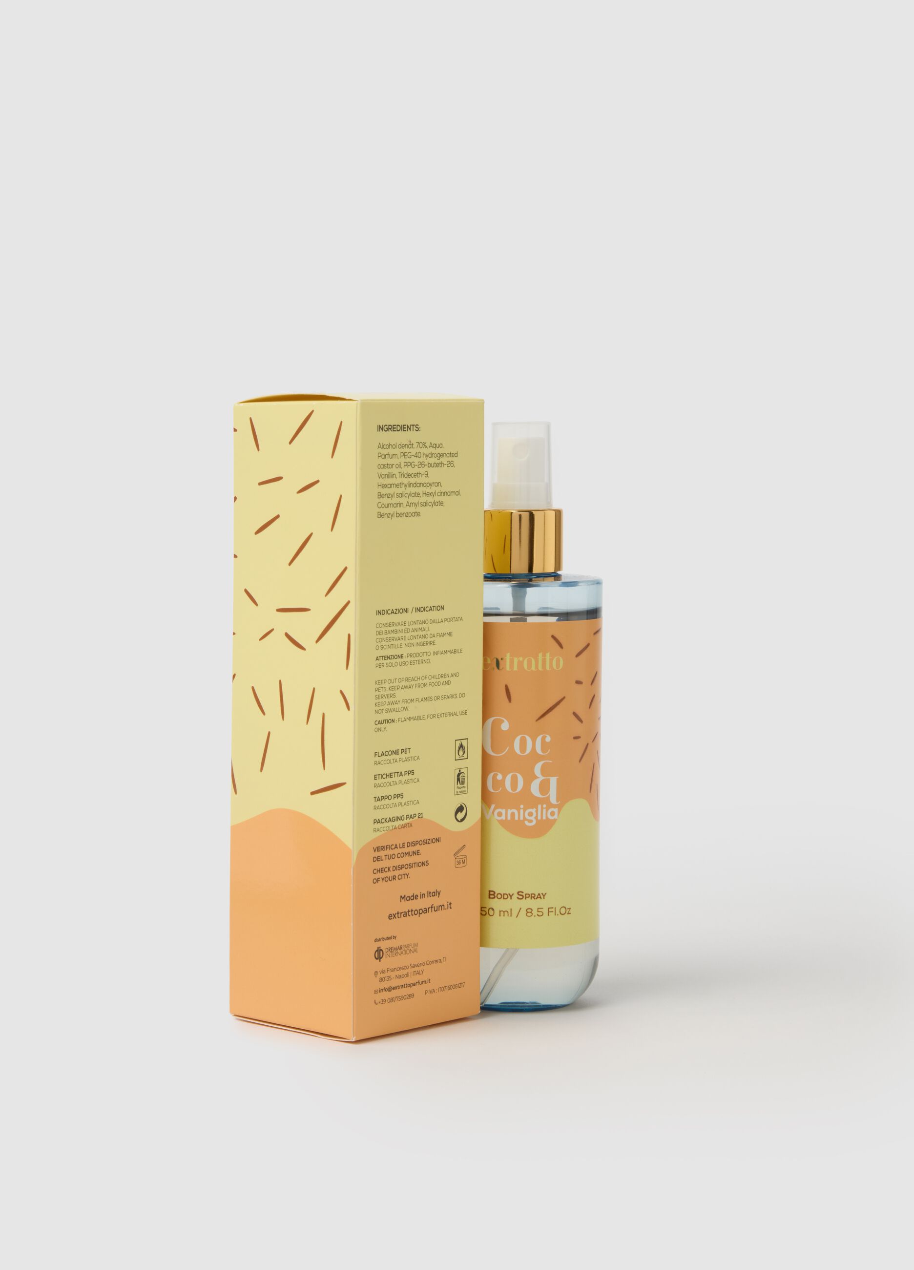 Body Spray with coconut and vanilla notes, exotic and fresh, sweet and enveloping.