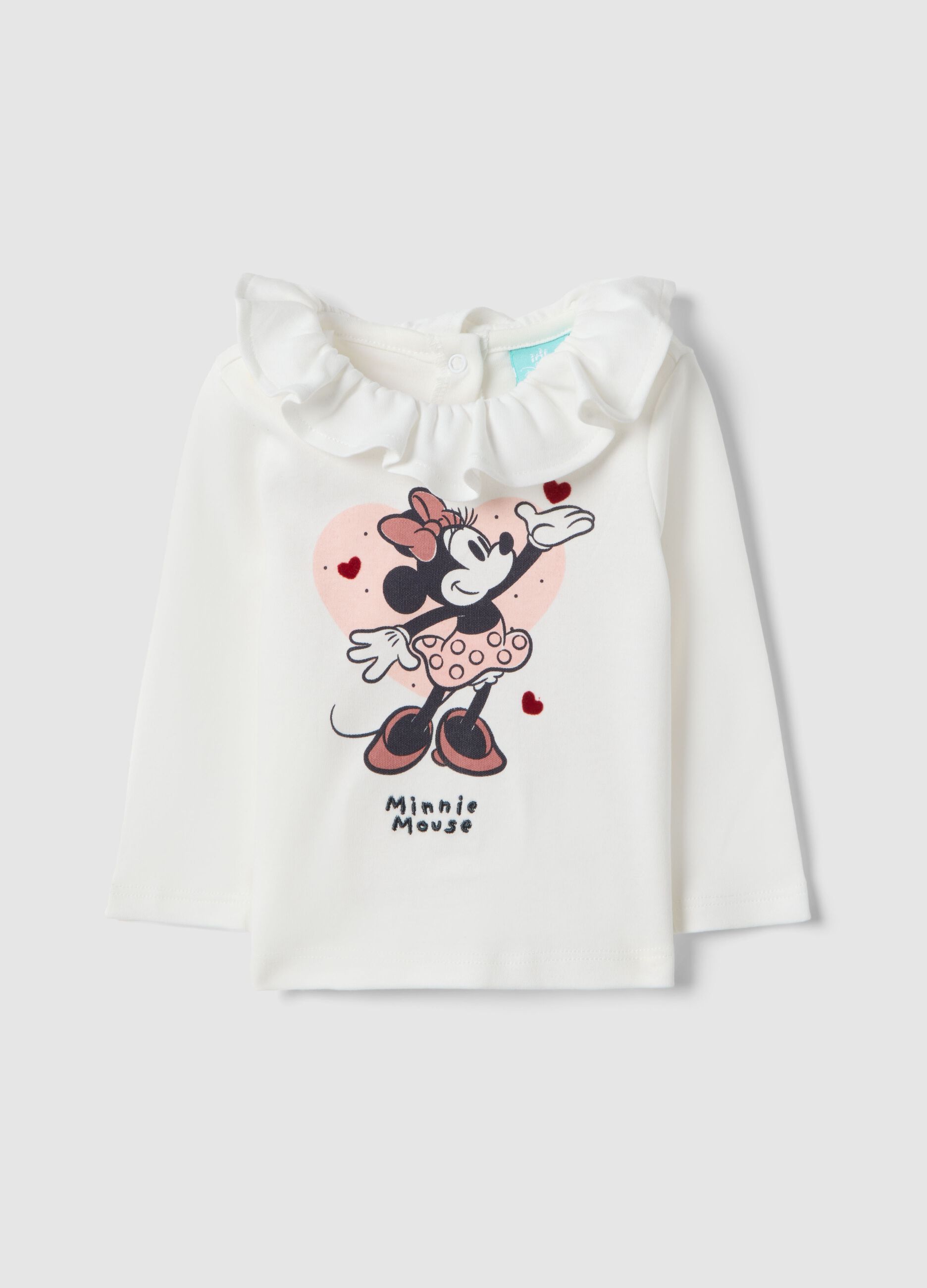 White pure cotton baby girl's top with Minnie and ruffled collar